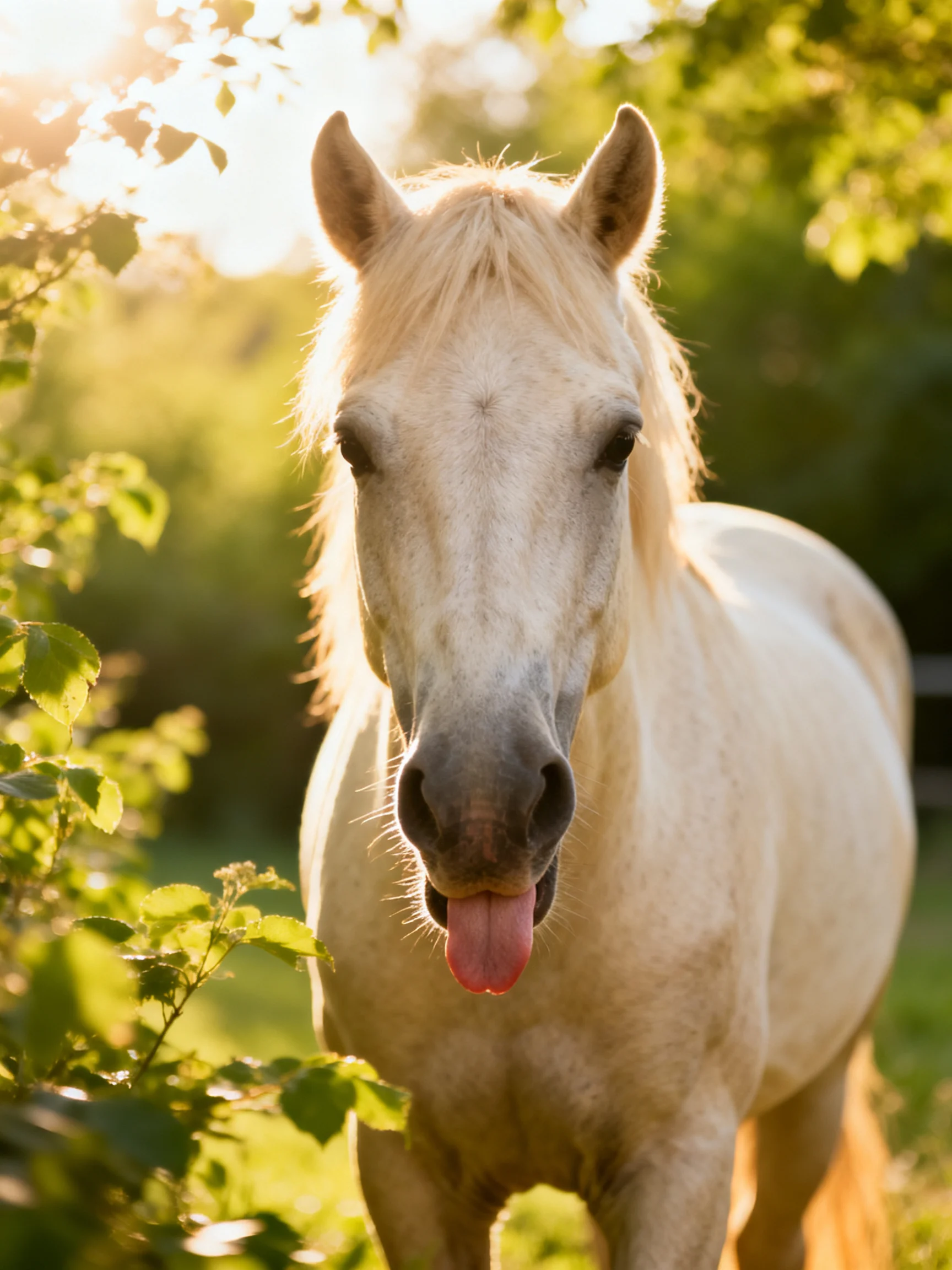 A white horse stands amidst lush greenery in golden sunlight
