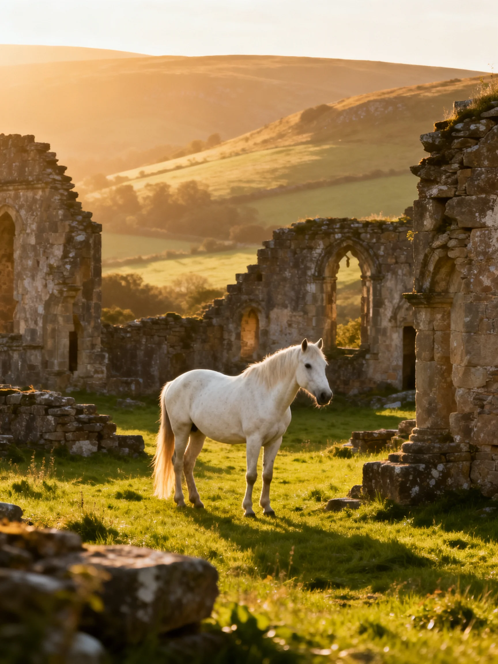 A white horse stands among ancient stone ruins under golden light