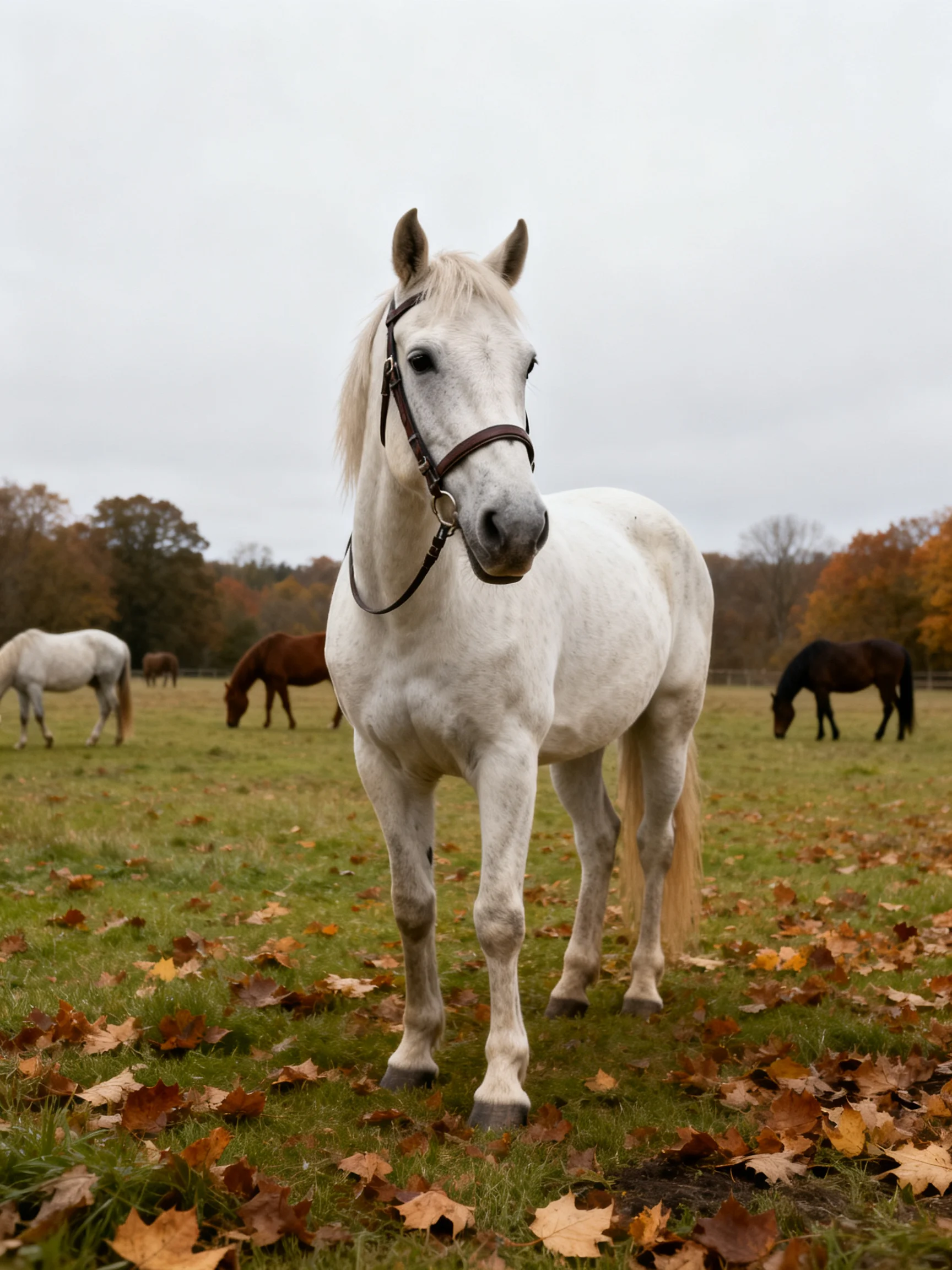 A prominent white horse stands while four other horses graze in a leaf-covered autumn field.