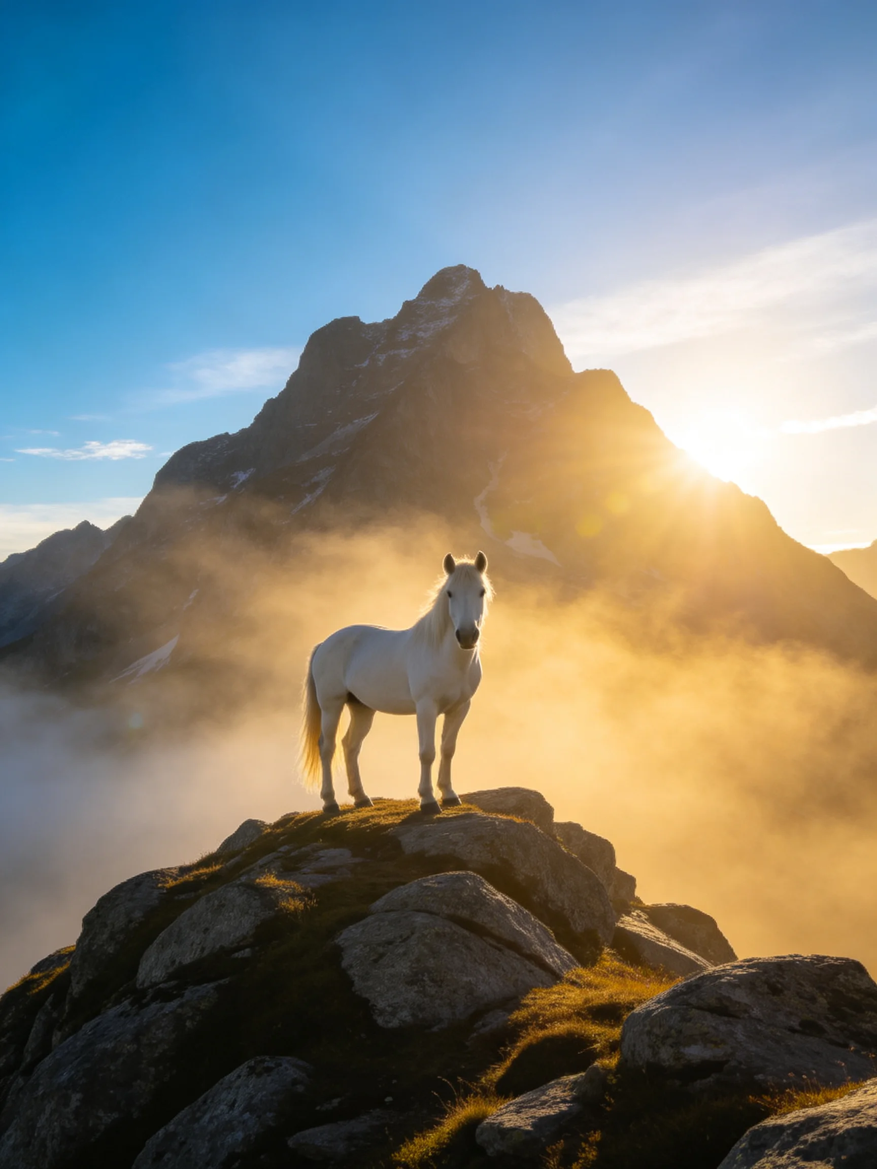 A white horse stands on rocky terrain beside a majestic mountain during golden hour.