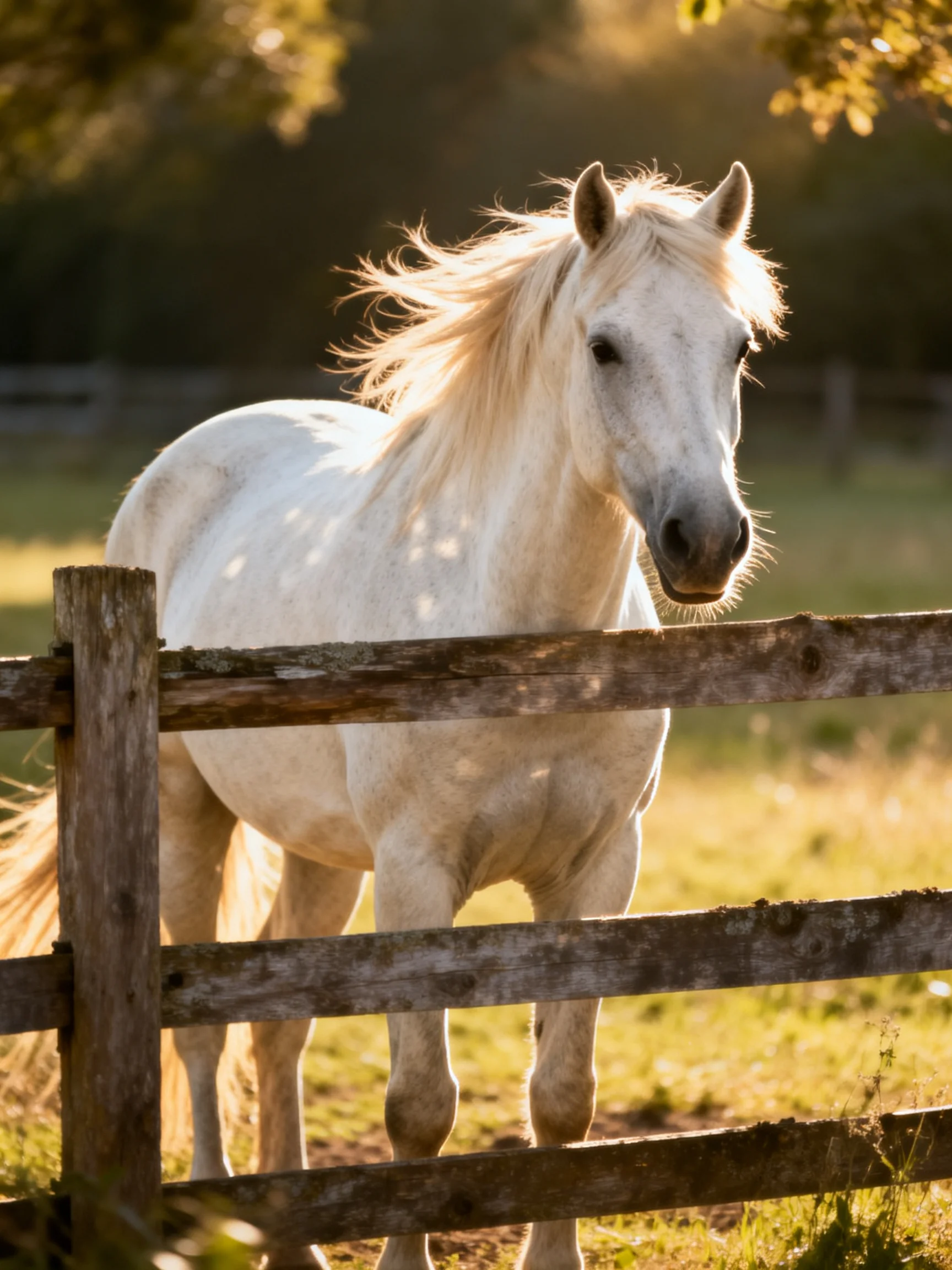 A white horse stands behind a weathered wooden fence in golden light