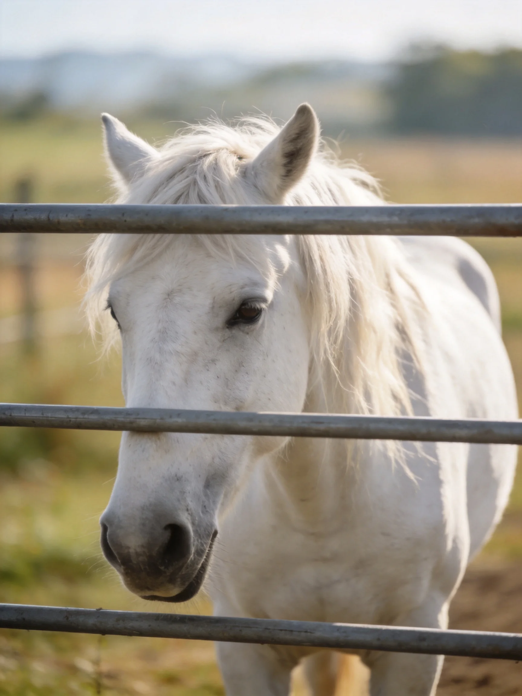 A white horse stands behind horizontal metal bars in an open field