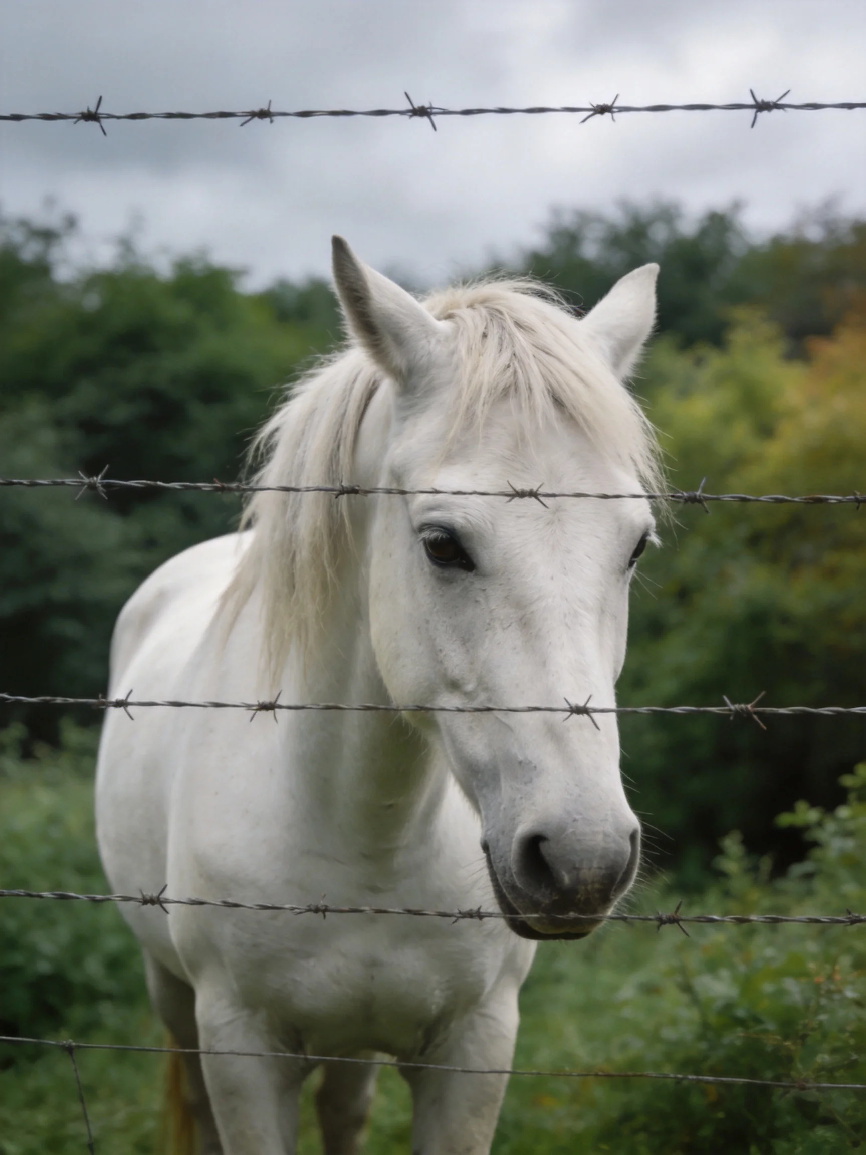 A white horse stands behind multiple strands of barbed wire