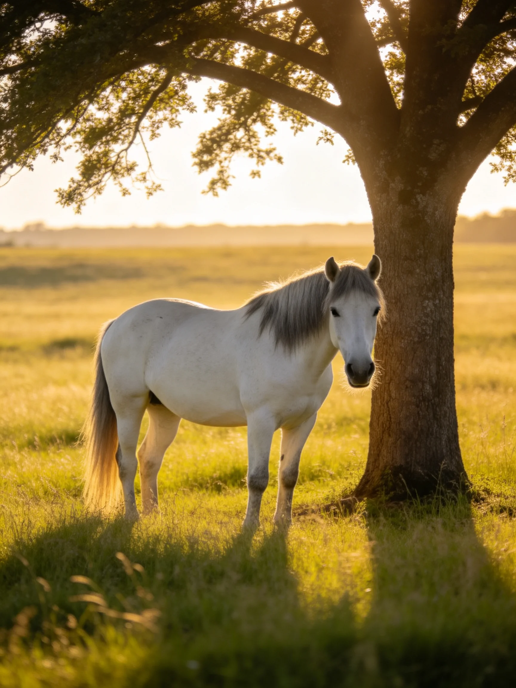 A white horse stands beside a large oak tree in a golden meadow