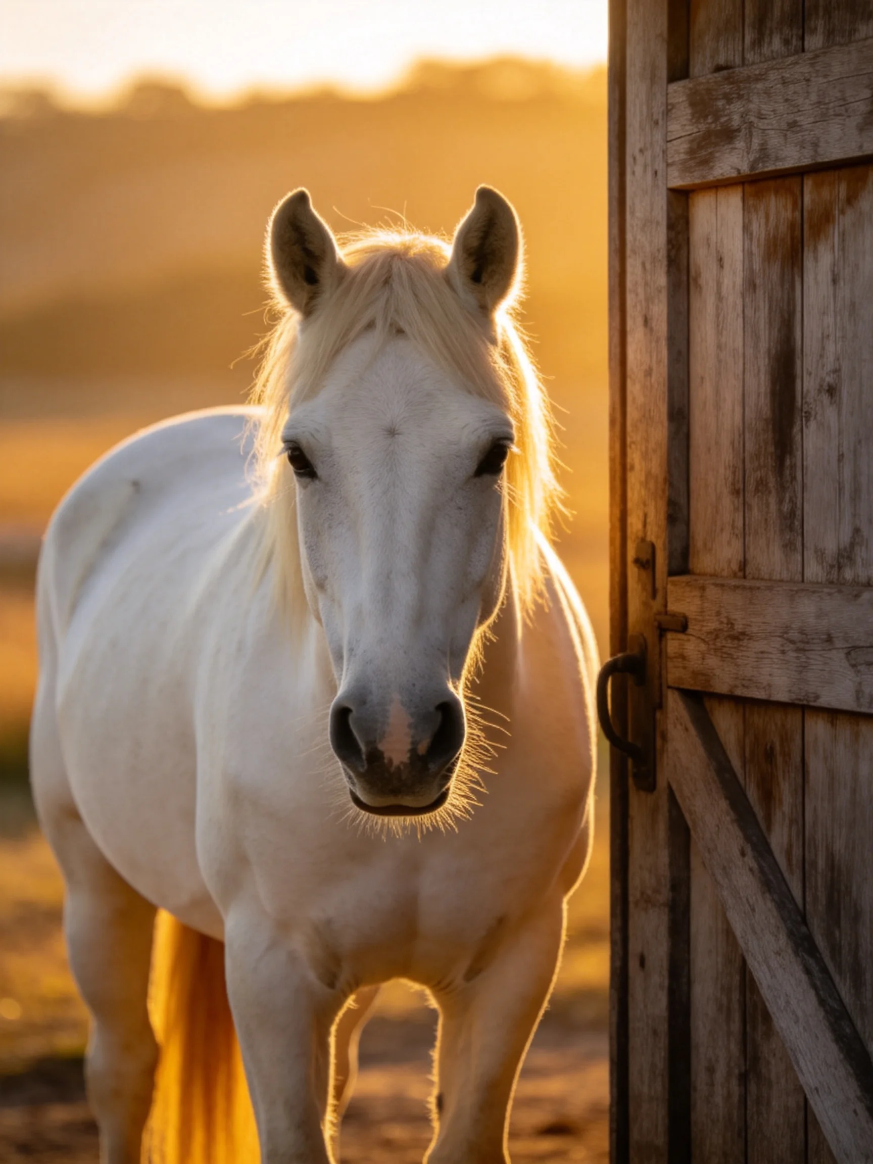 A white horse stands beside an aged wooden barn door in golden sunlight