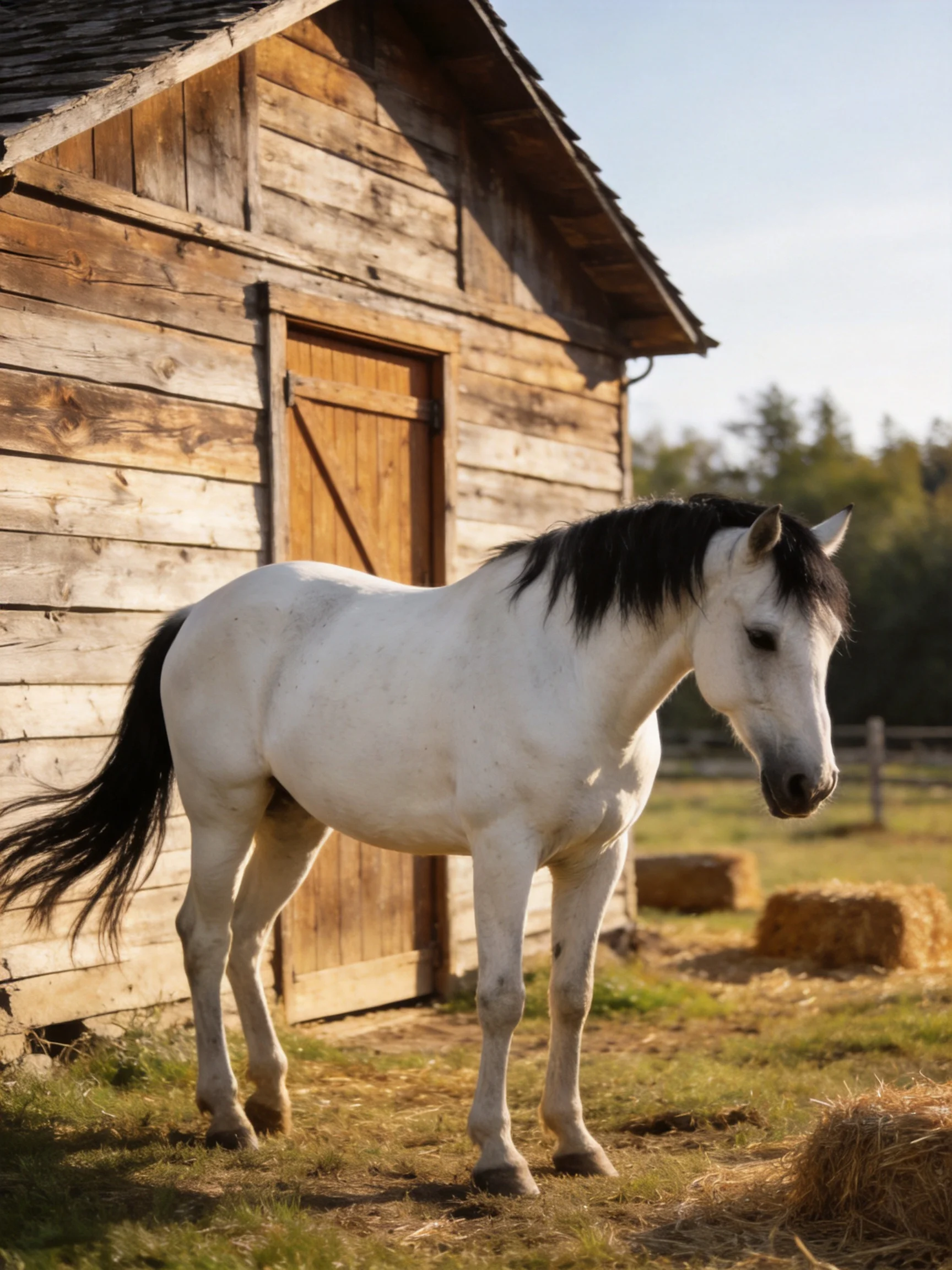 A white horse stands beside an aged wooden barn with hay bales
