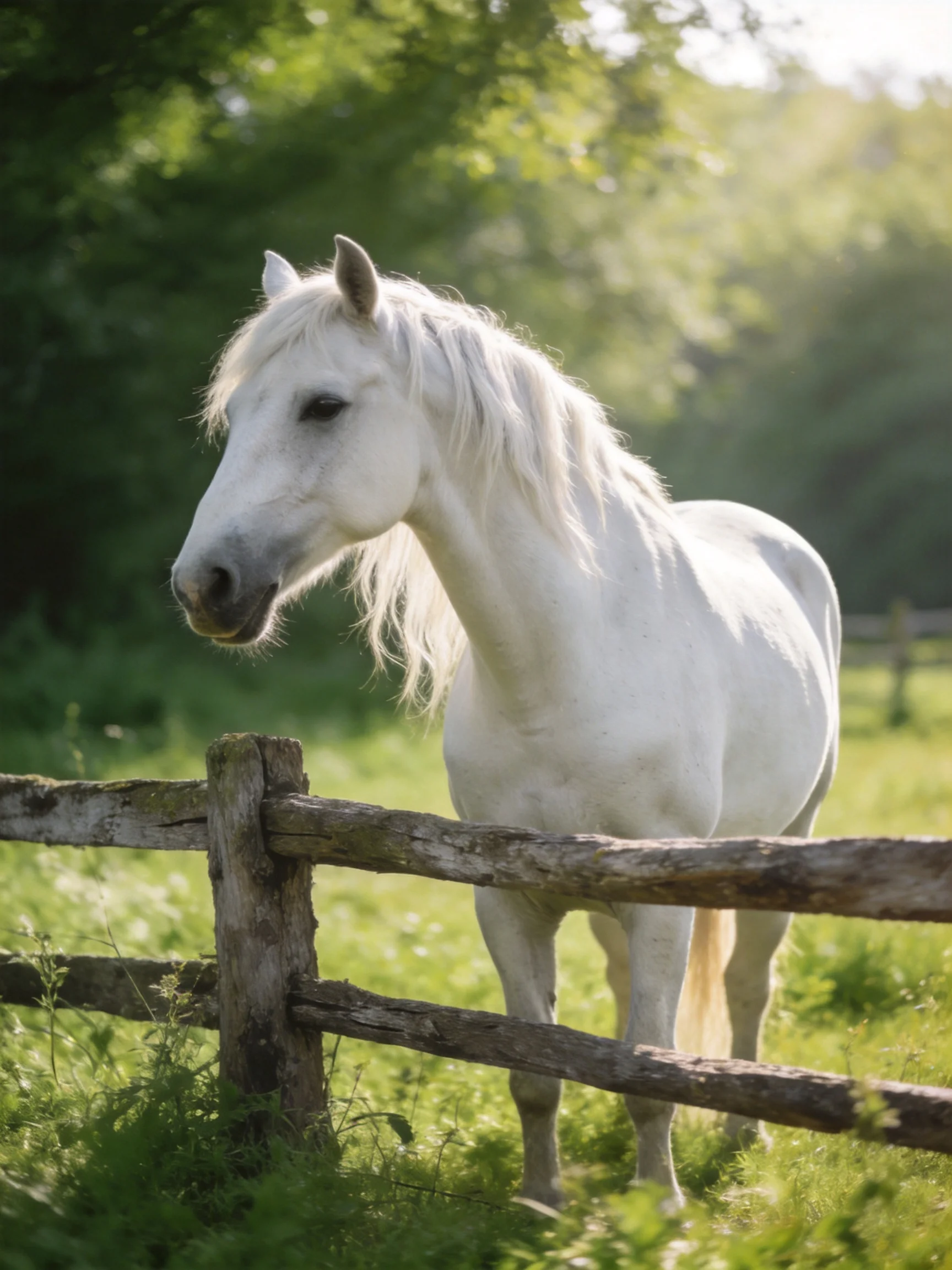 A white horse stands by a weathered wooden fence in a sunlit meadow