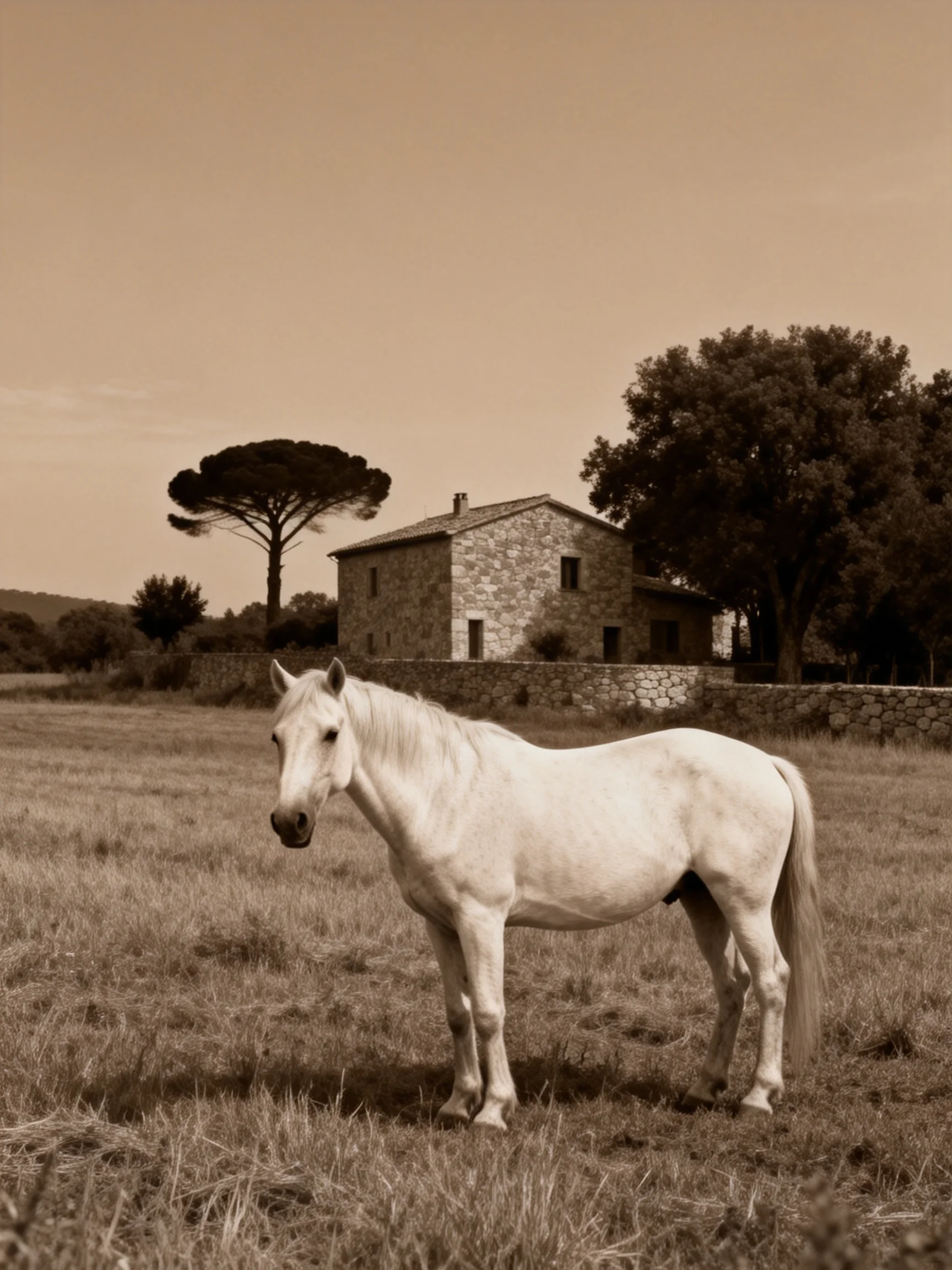 A white horse stands in a rural landscape with a stone farmhouse and trees.