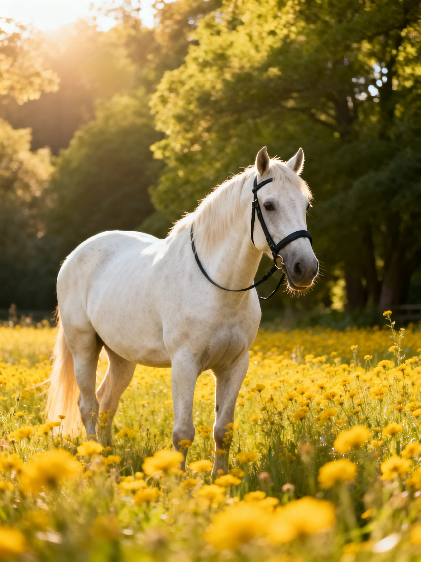 A white horse stands in a field of yellow flowers near green trees