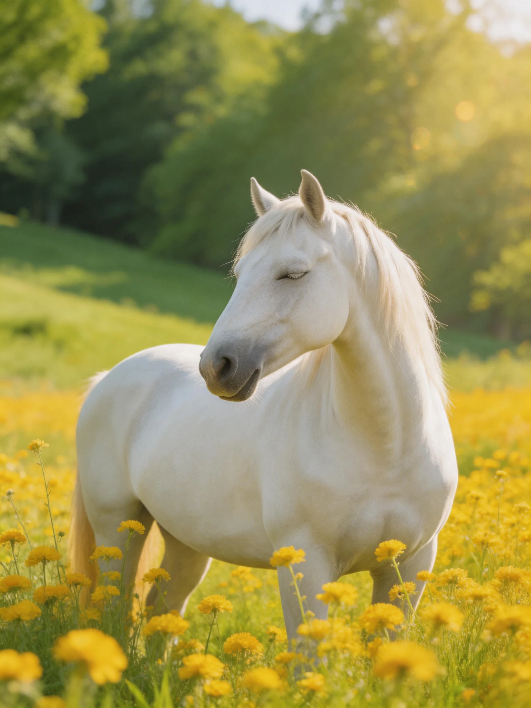 A white horse stands in a field of yellow flowers under bright sunlight