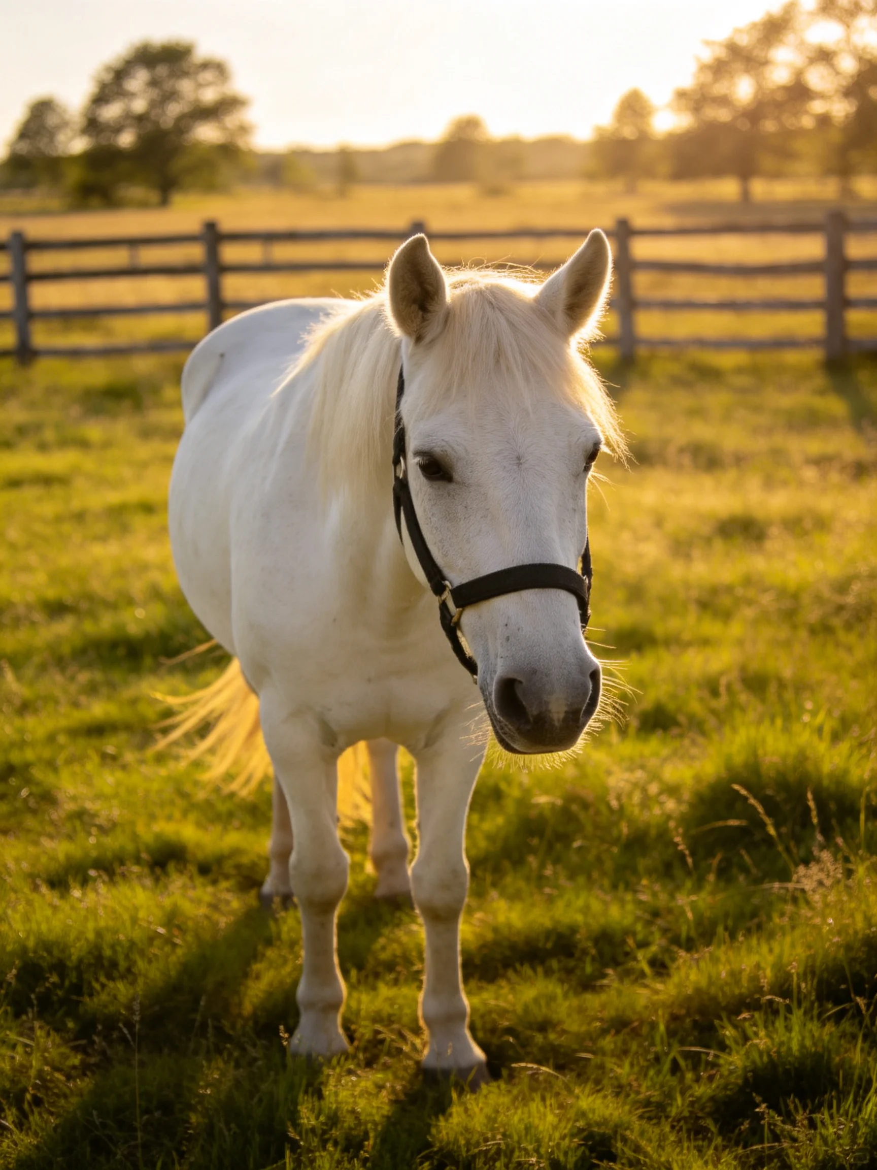 A white horse stands in a golden-lit pasture near a wooden fence