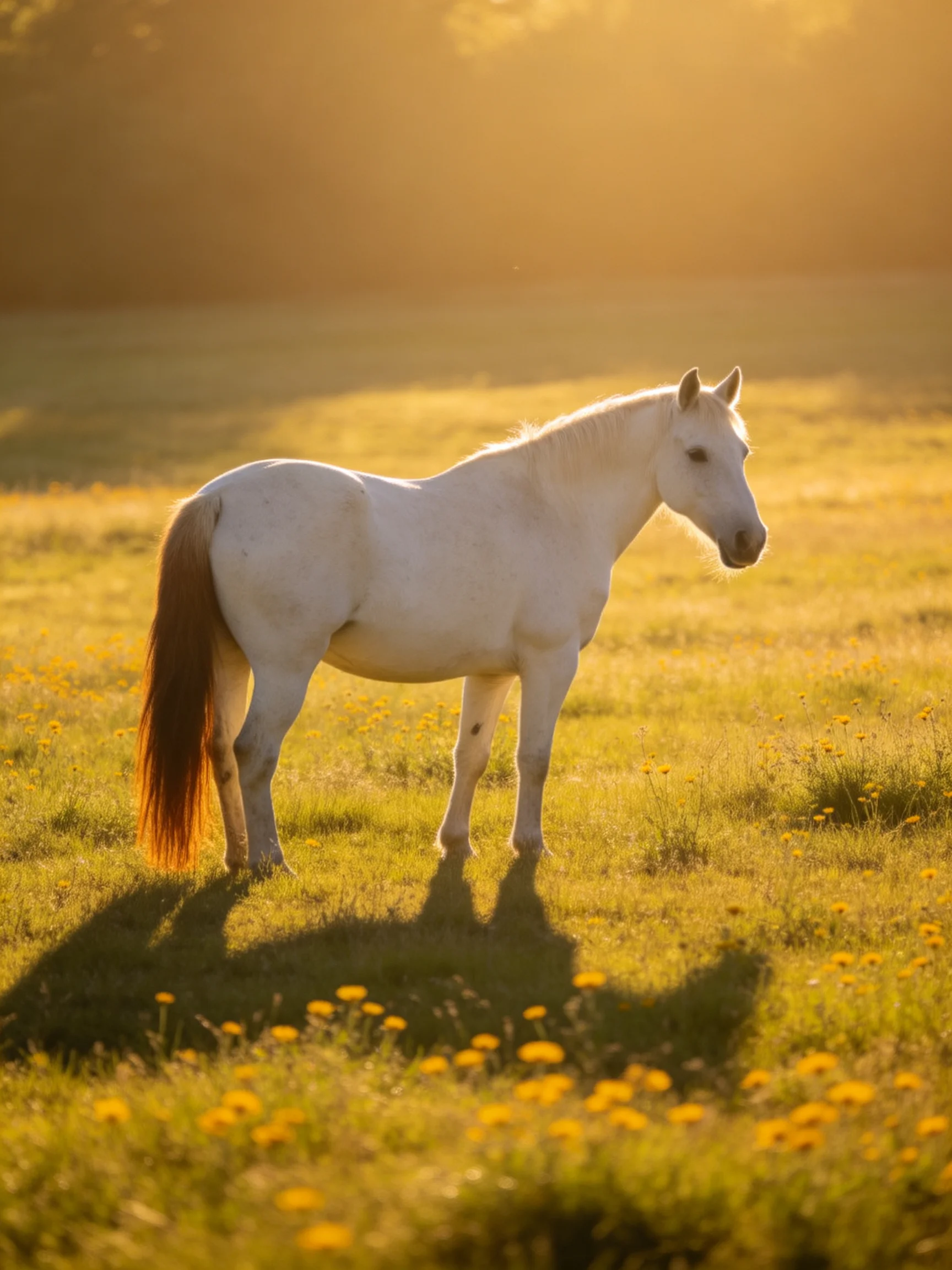 A white horse stands in a golden meadow with yellow wildflowers