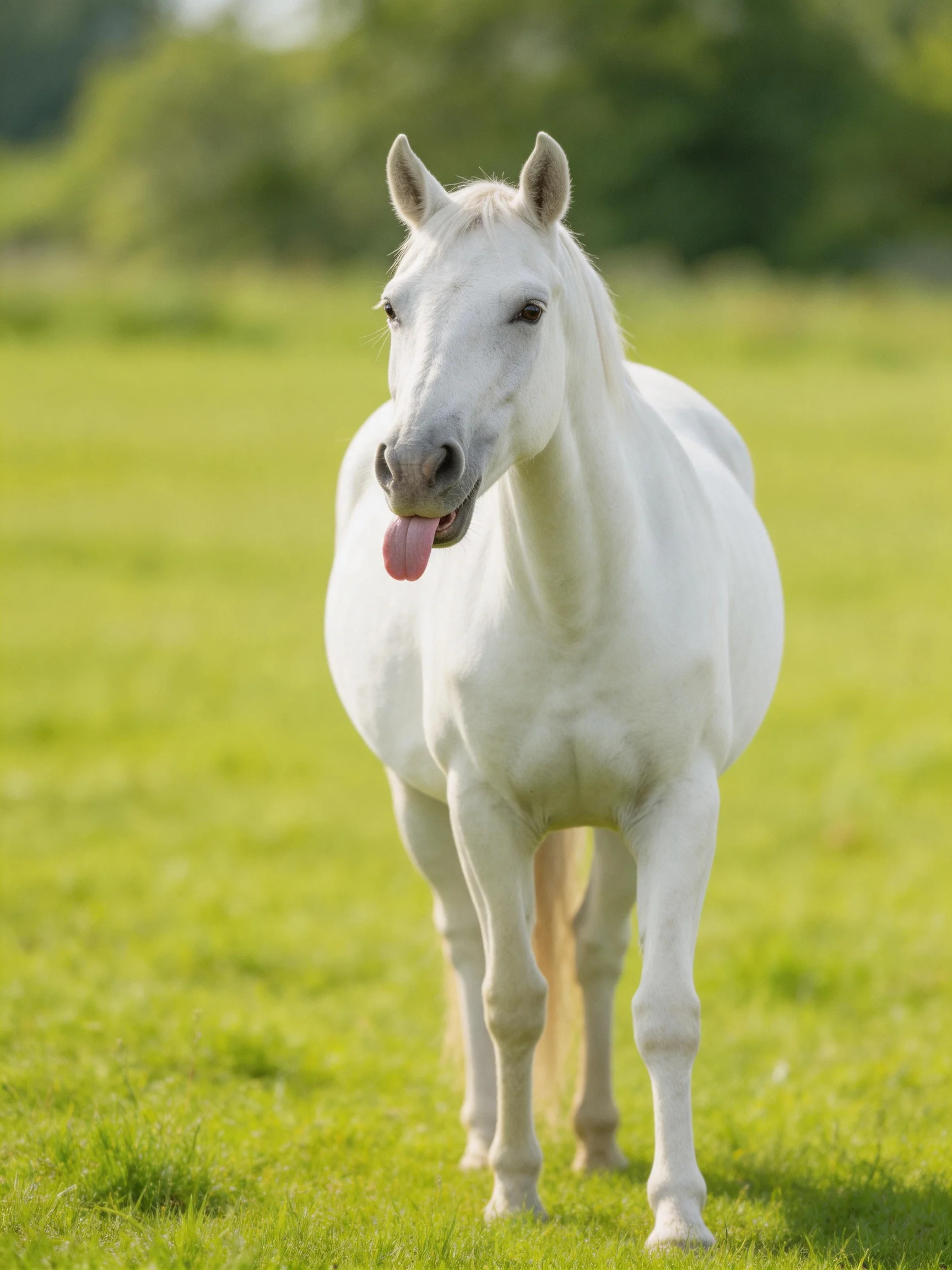 A white horse stands in a sunlit green meadow.