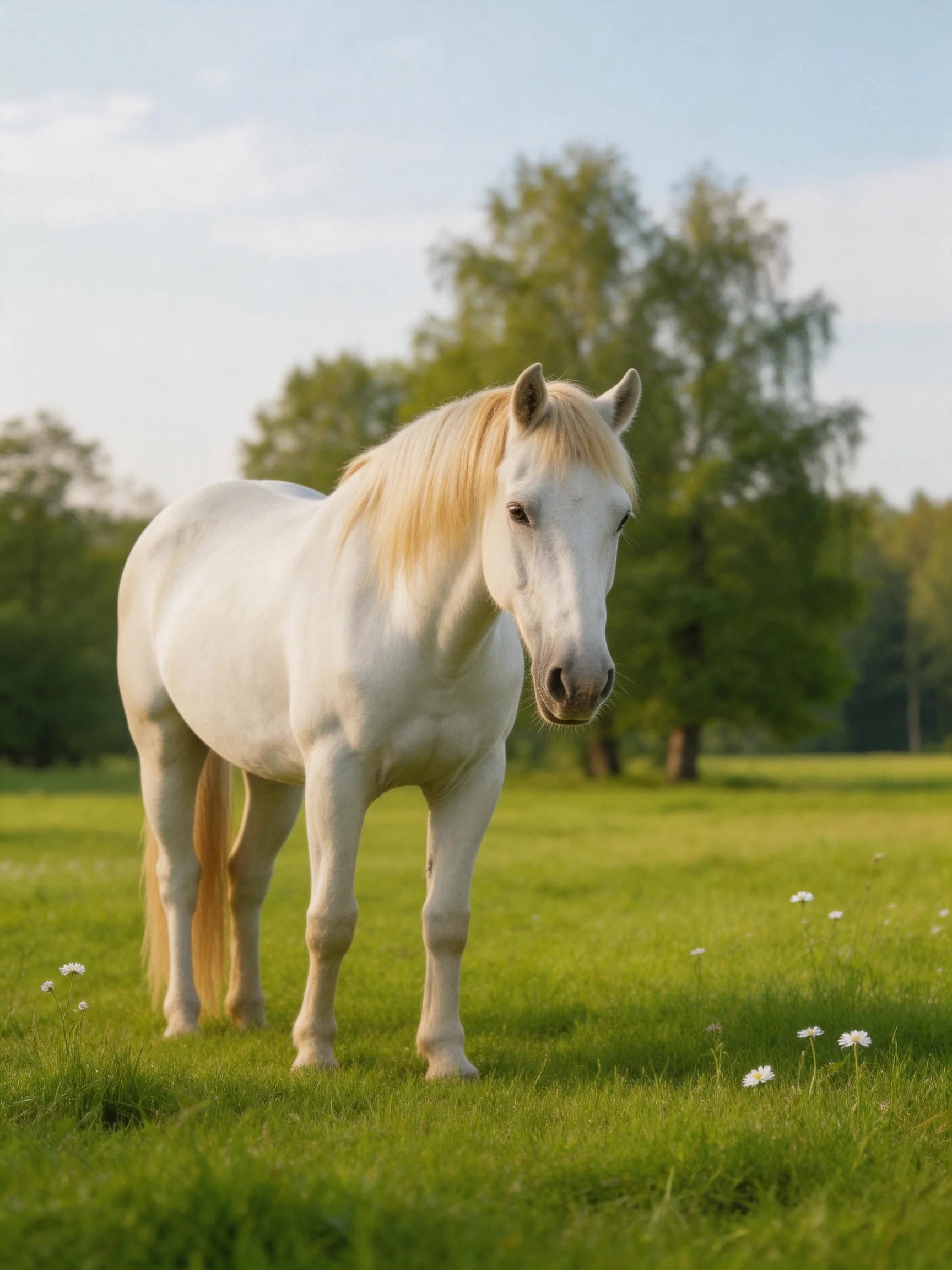 A white horse stands calmly in a sunlit green meadow.