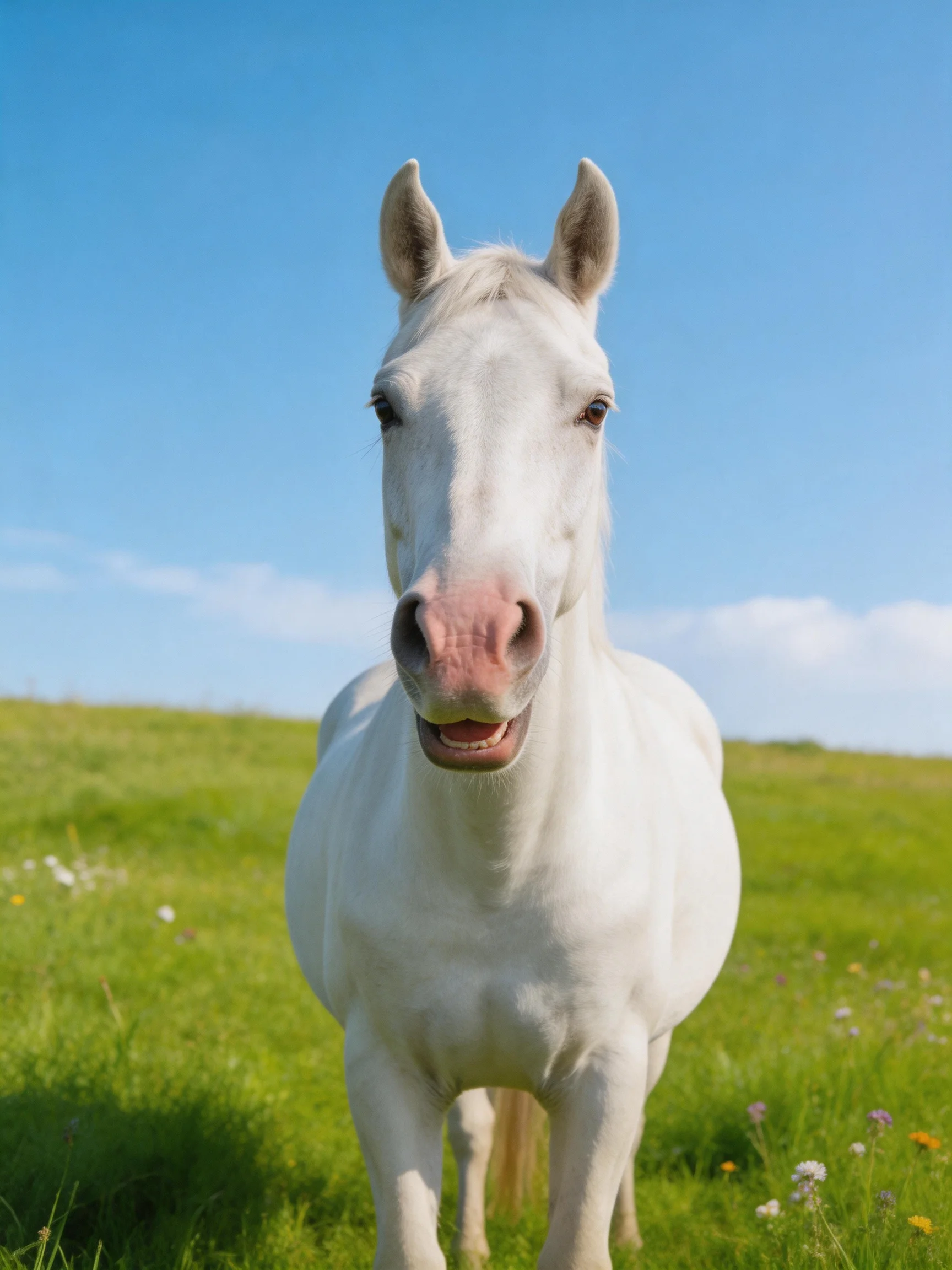 A white horse stands in a sunny meadow with a clear blue sky