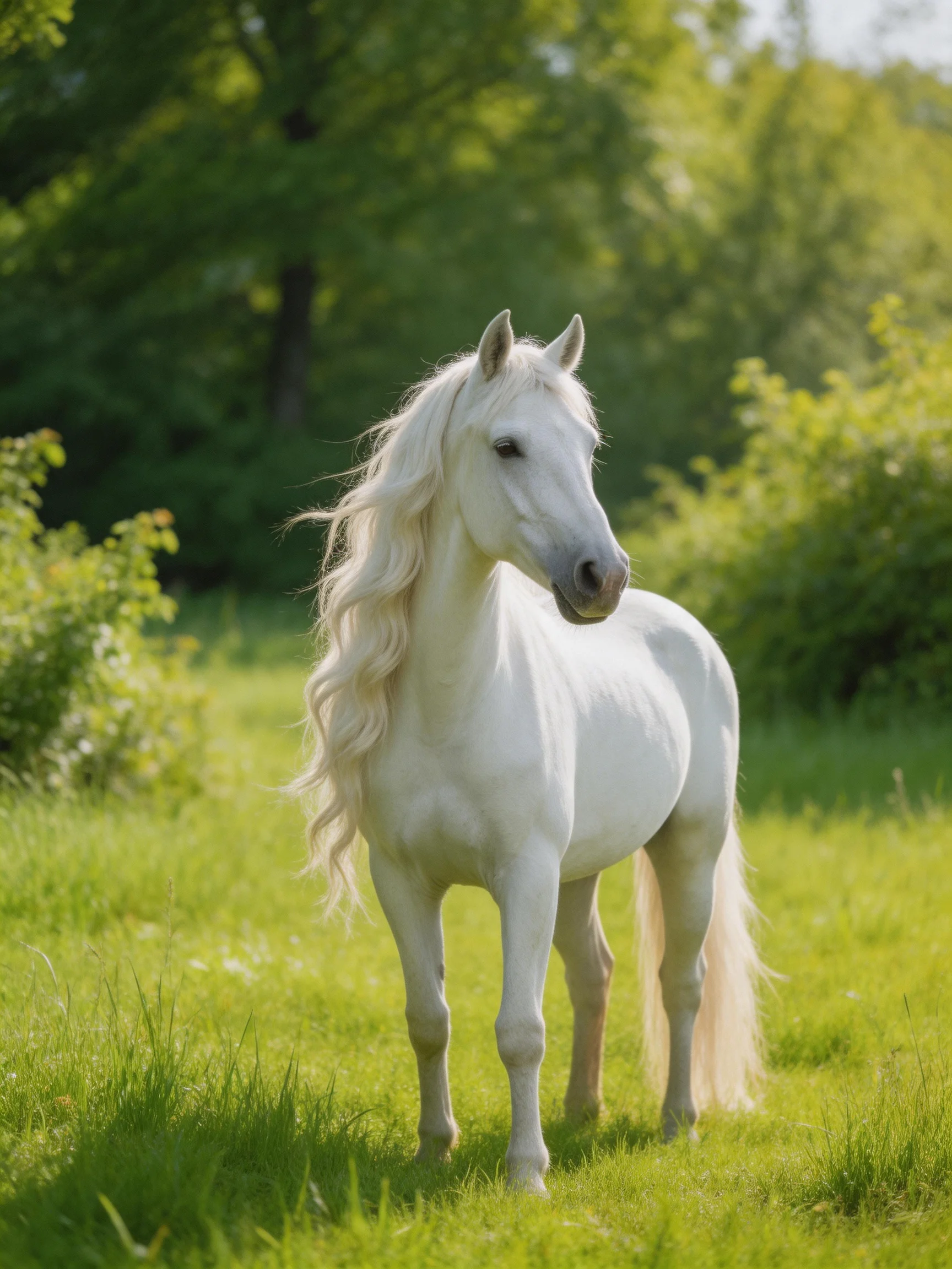 A white horse stands in a sunlit green meadow.