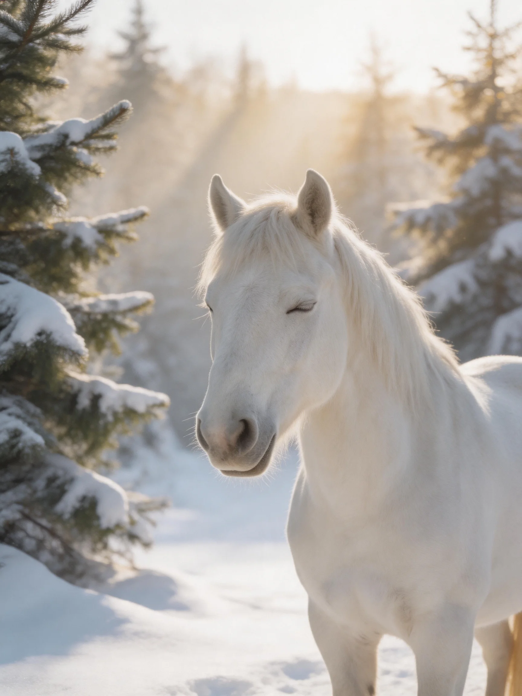 A white horse rests peacefully among snow - laden evergreens in a sunlit winter scene.