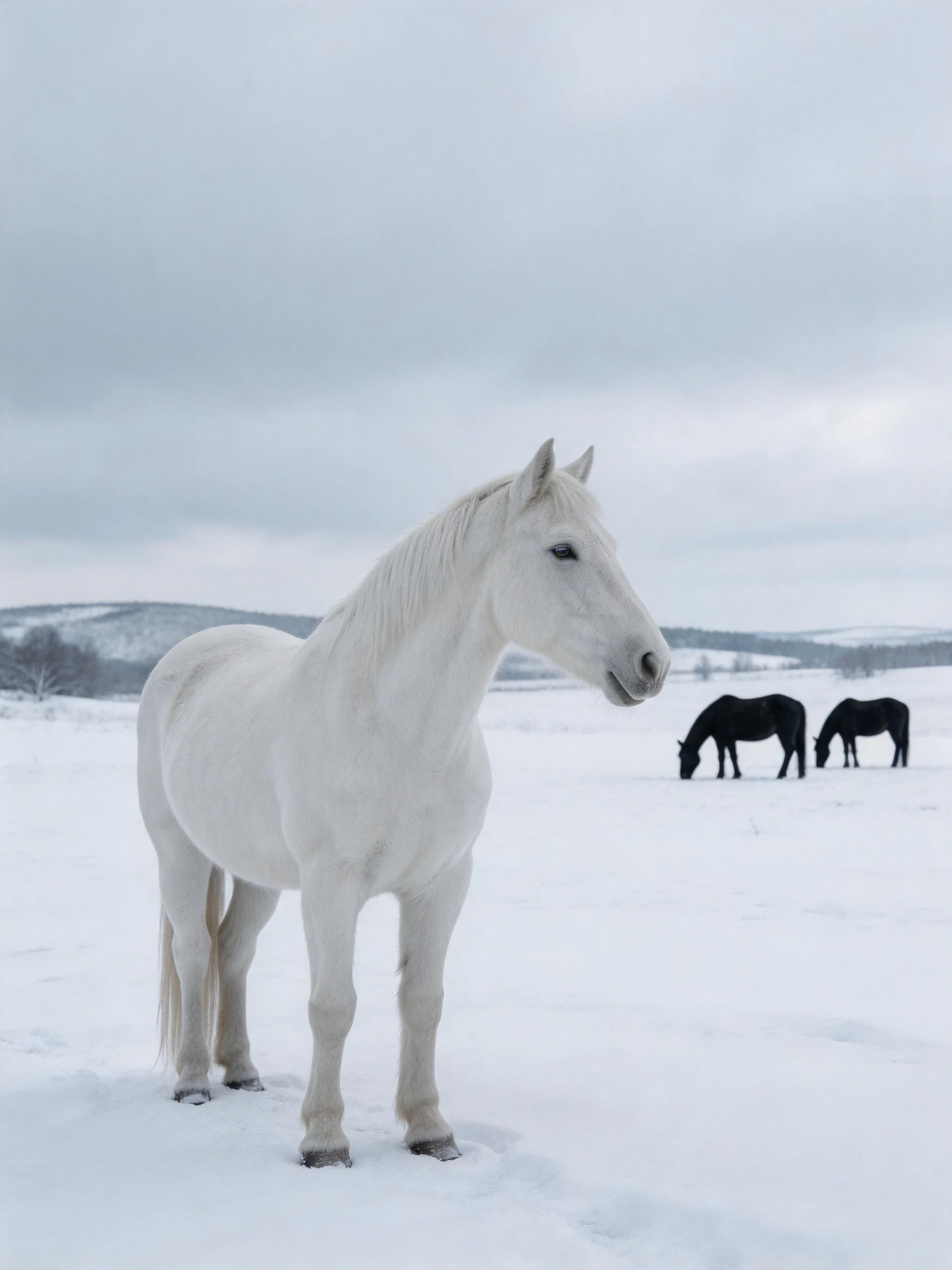 A white horse stands in a snowy field with two dark horses