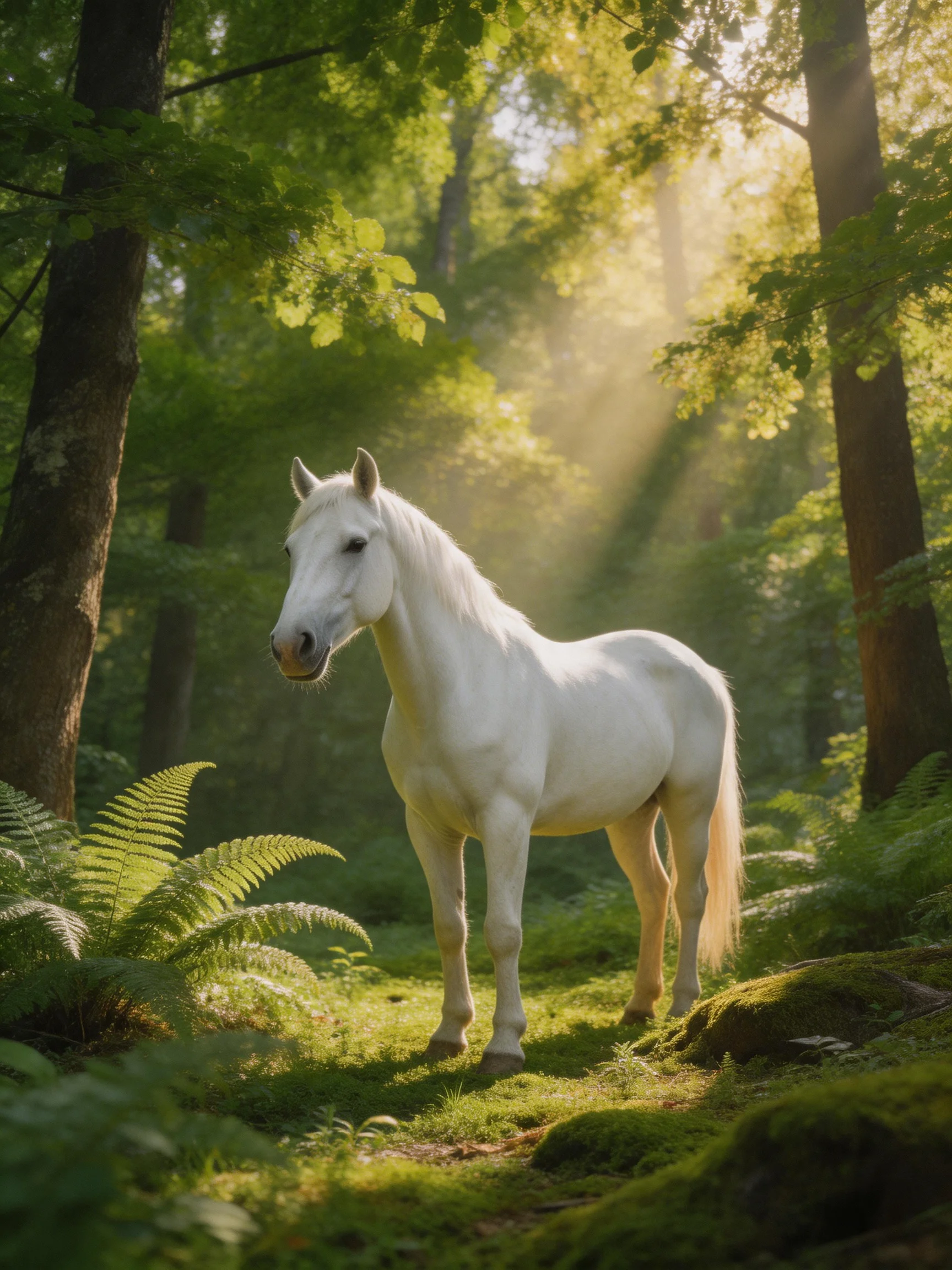 A white horse stands in a sun-dappled forest with lush greenery