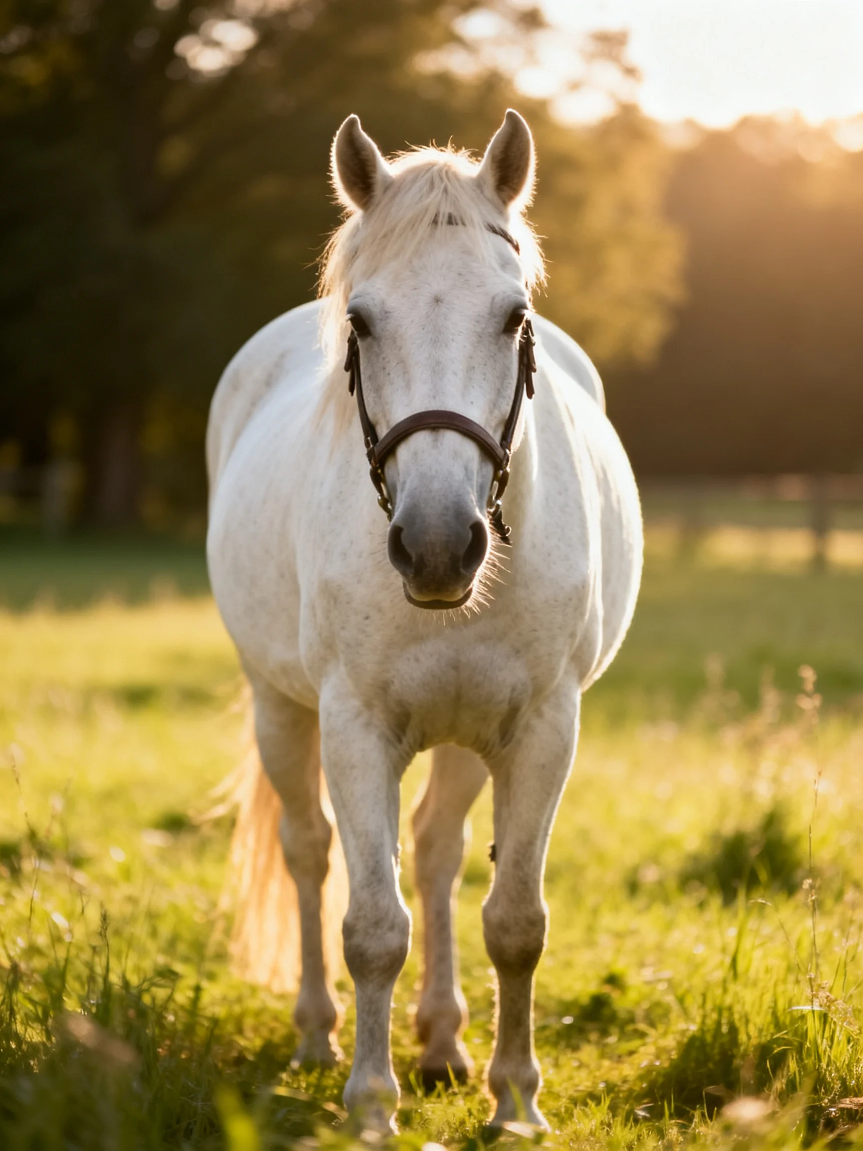 A white horse stands in a sunlit grassy field with trees