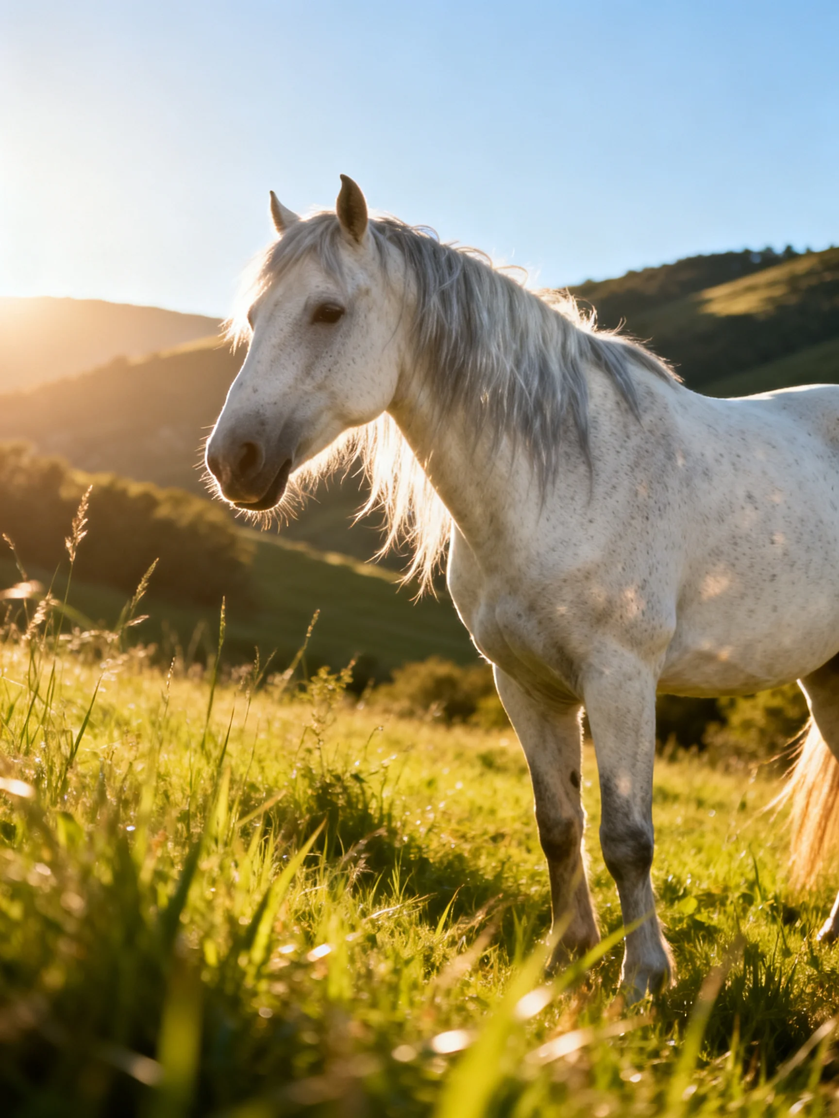 A white horse stands in a sunlit meadow with rolling hills behind it.