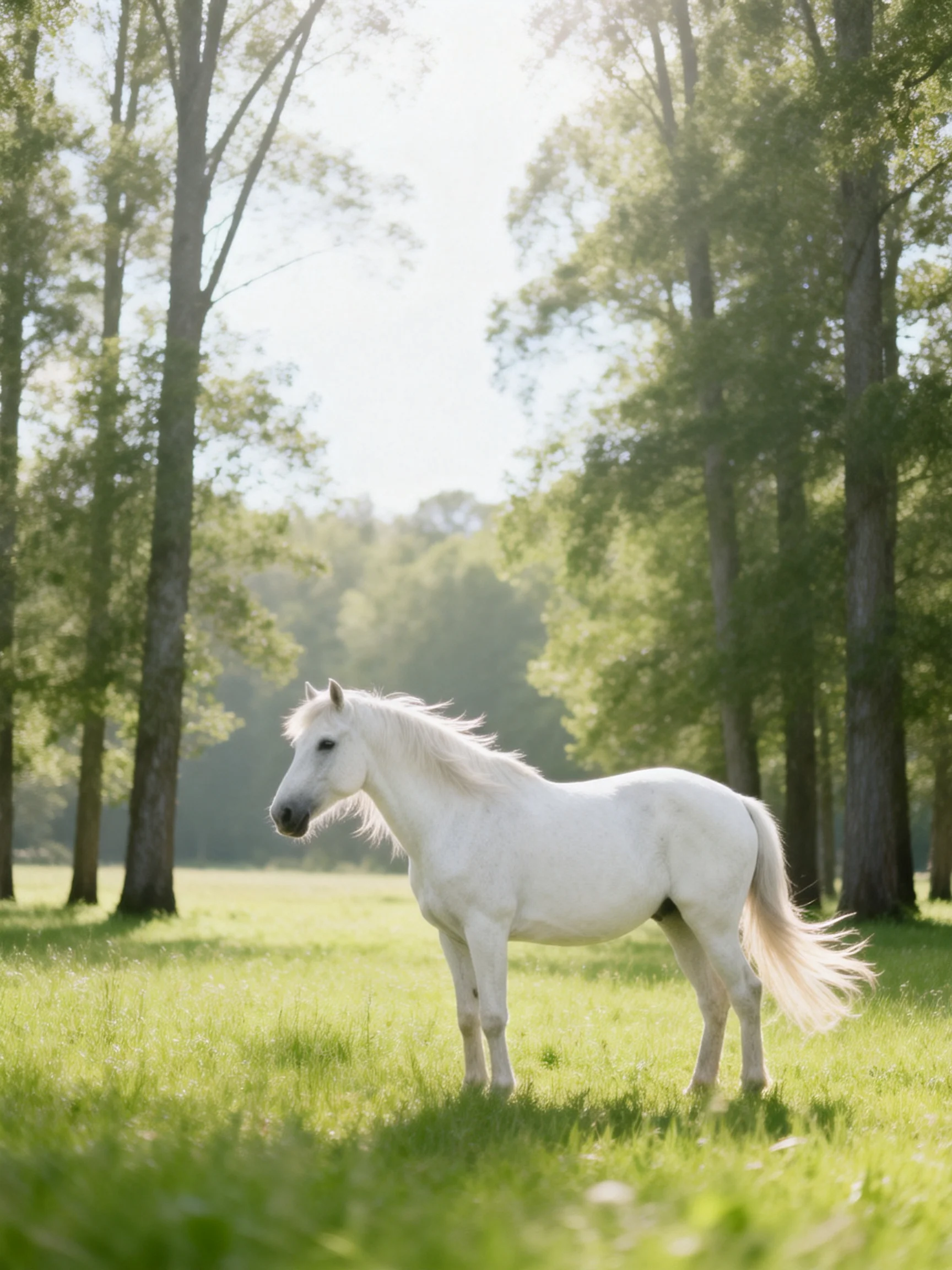 A white horse stands in a sunlit green meadow near tall trees