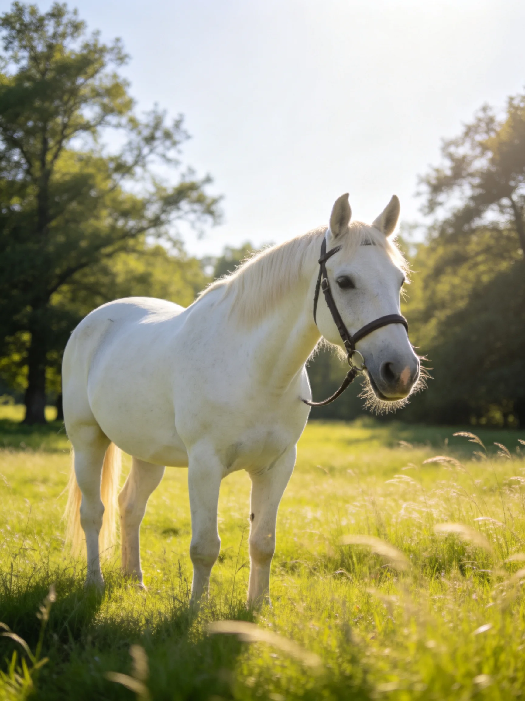 A white horse stands in a sunlit meadow with nearby trees.