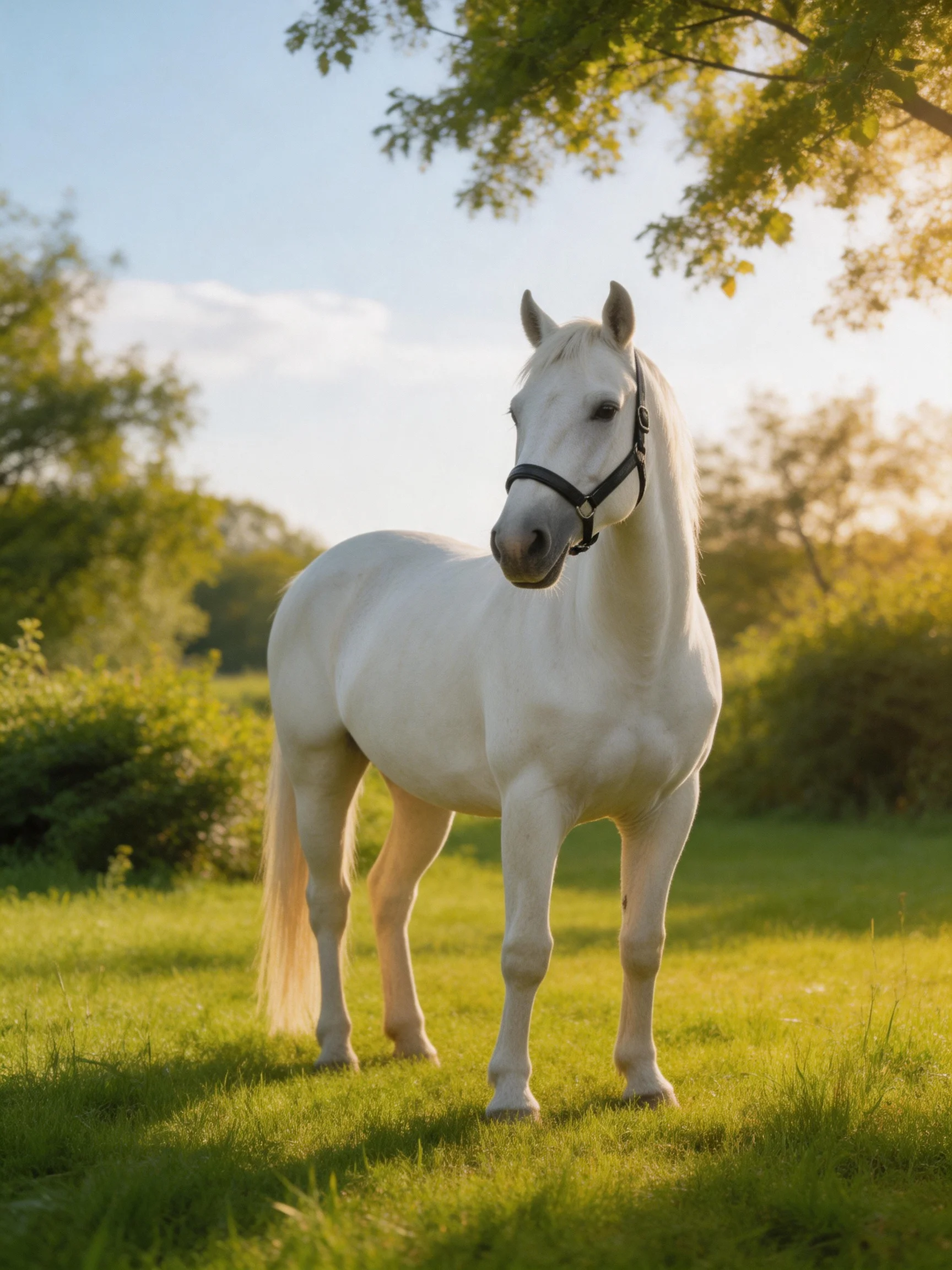 A white horse stands in a sunlit meadow near trees.