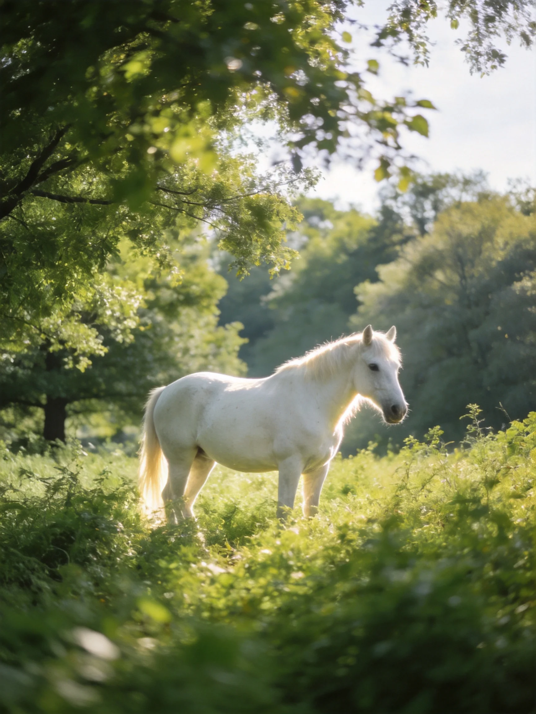 A white horse stands in a sunlit meadow with surrounding trees