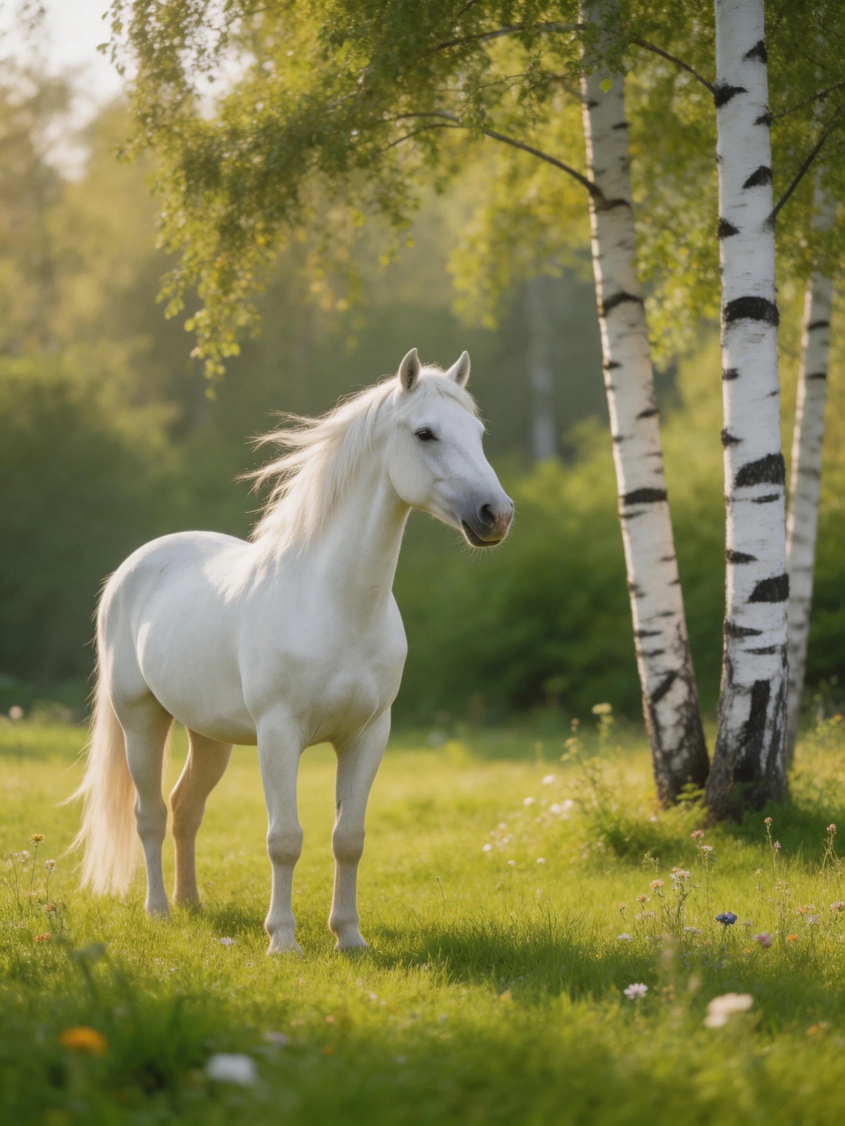 A white horse stands in a sunlit meadow near birch trees