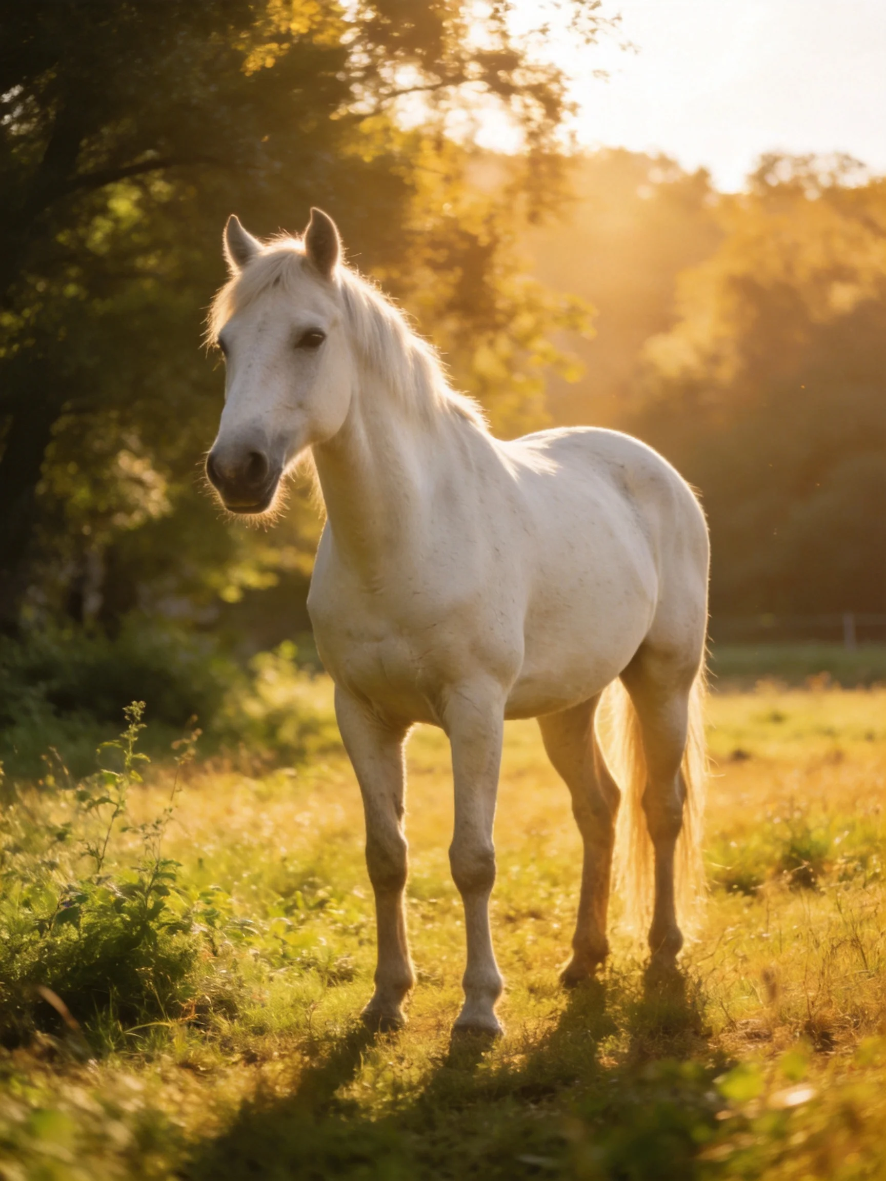 A white horse stands in a sunlit meadow near trees
