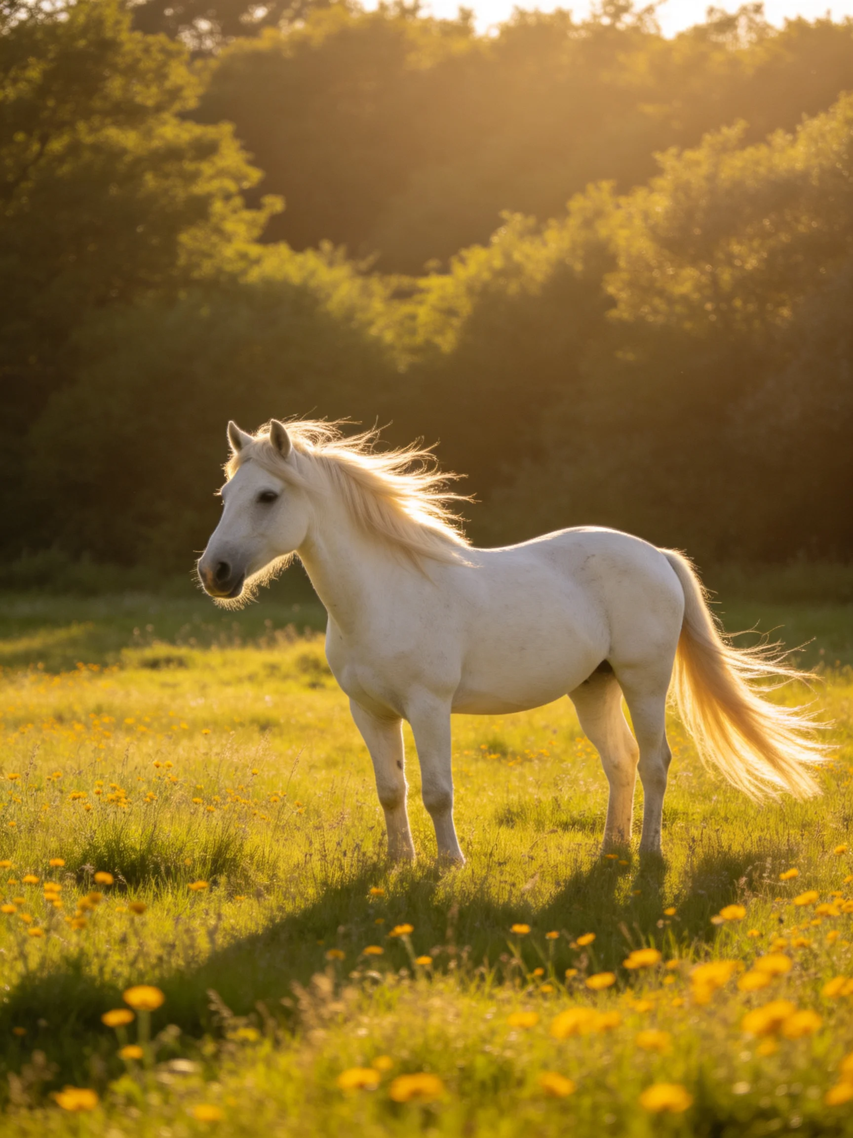 A white horse stands in a sunlit meadow of yellow wildflowers