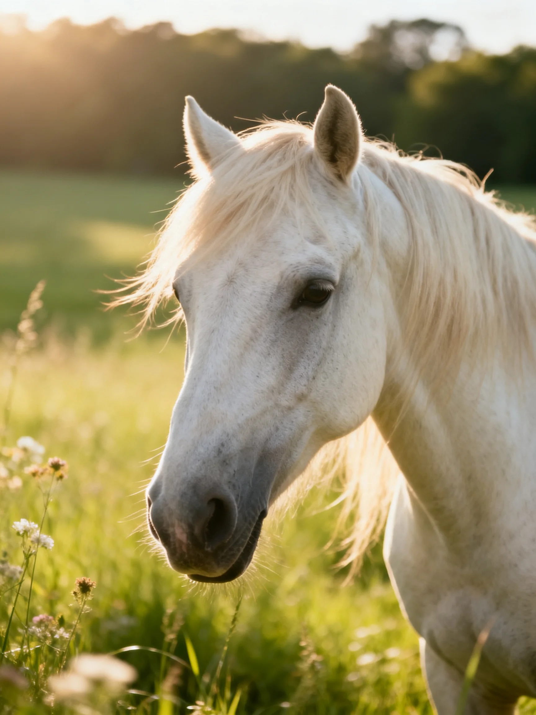 A white horse stands in a sunlit meadow with tall grass and wildflowers