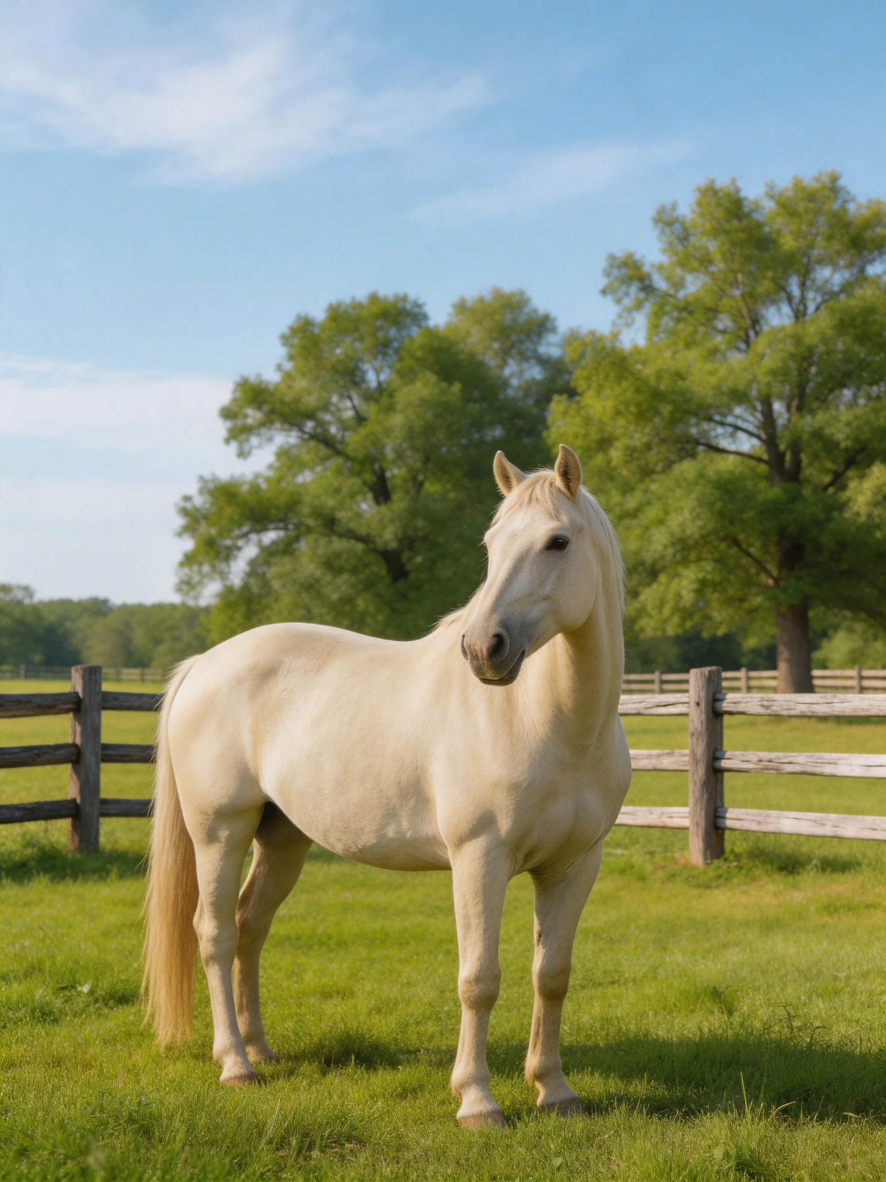 A white horse stands in a sunny green pasture with wooden fences