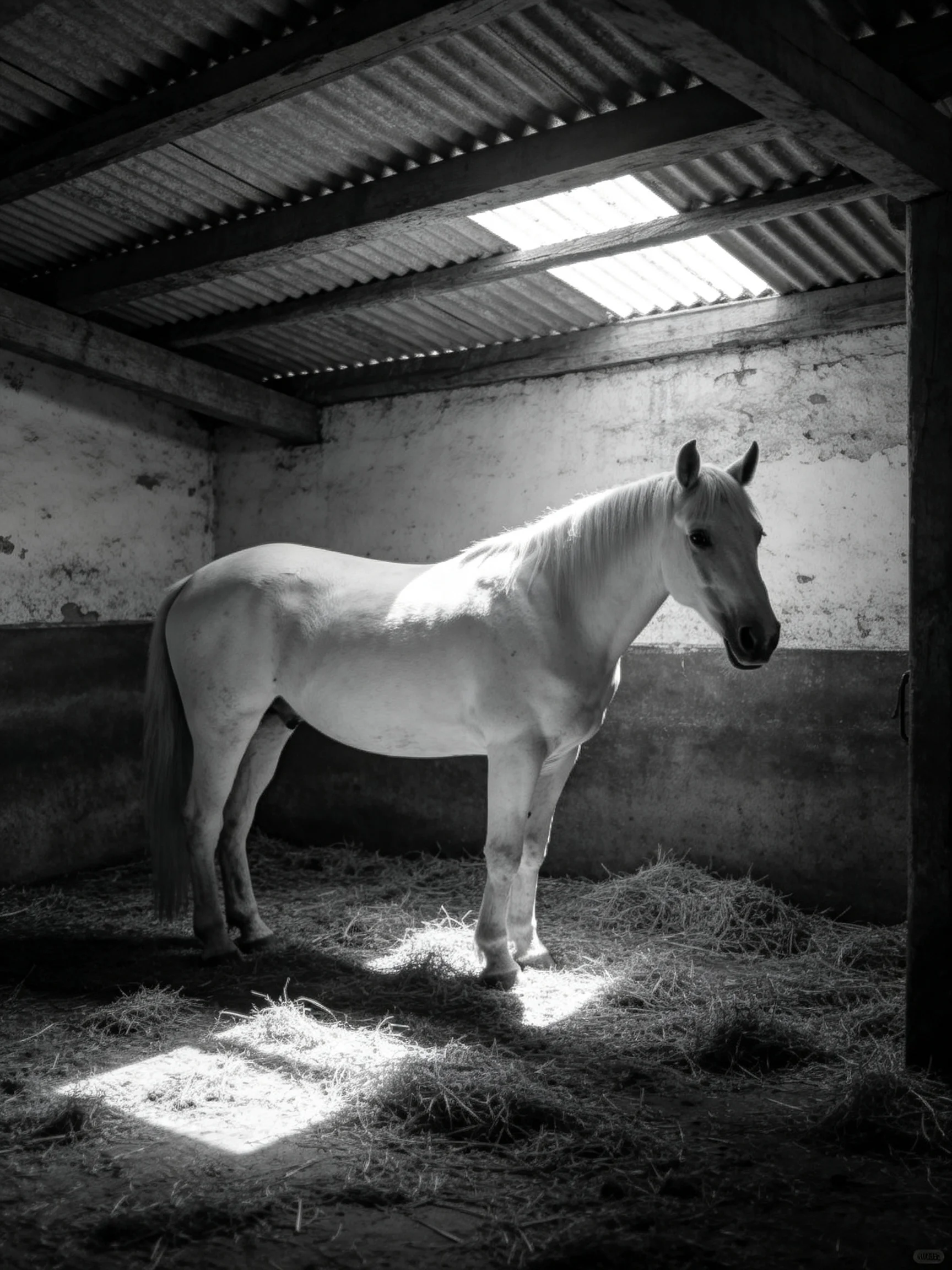 A white horse stands in a stable with sunlight illuminating hay