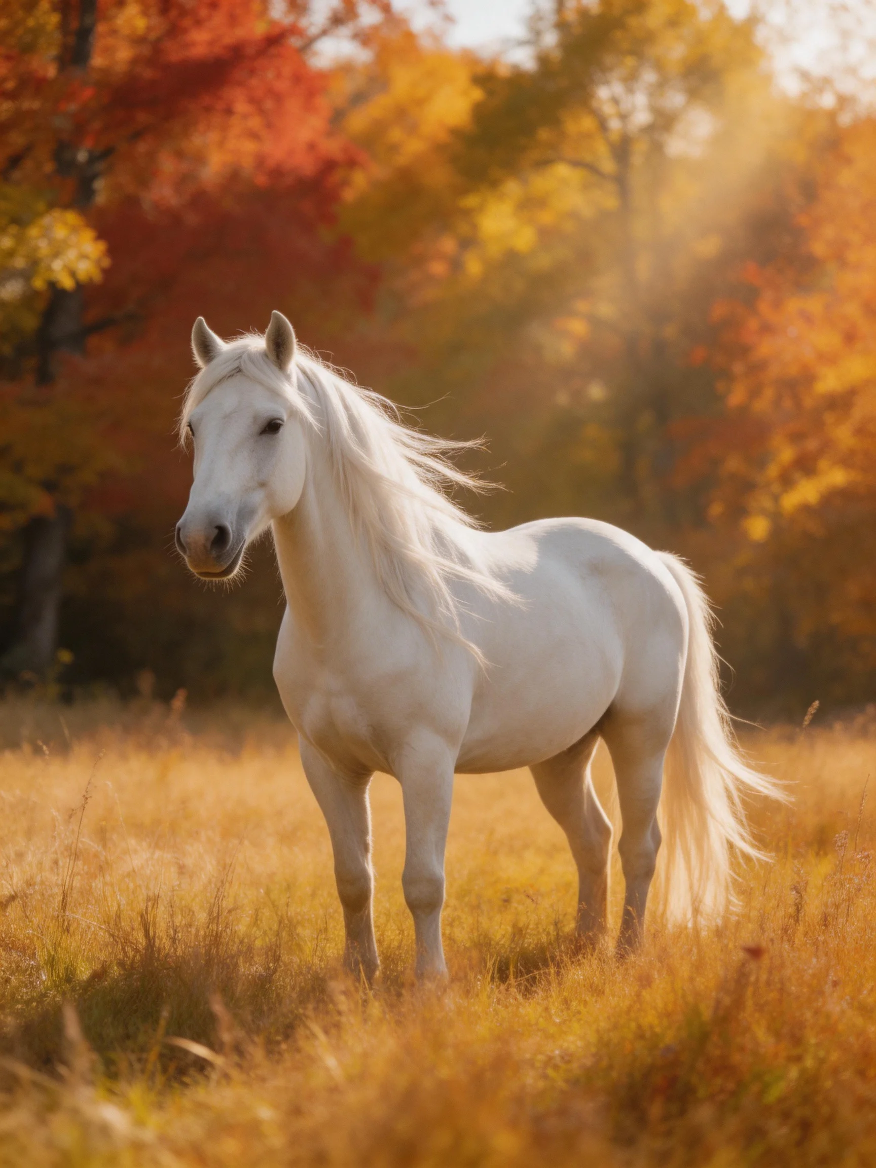 A white horse stands in an autumn meadow with colorful foliage