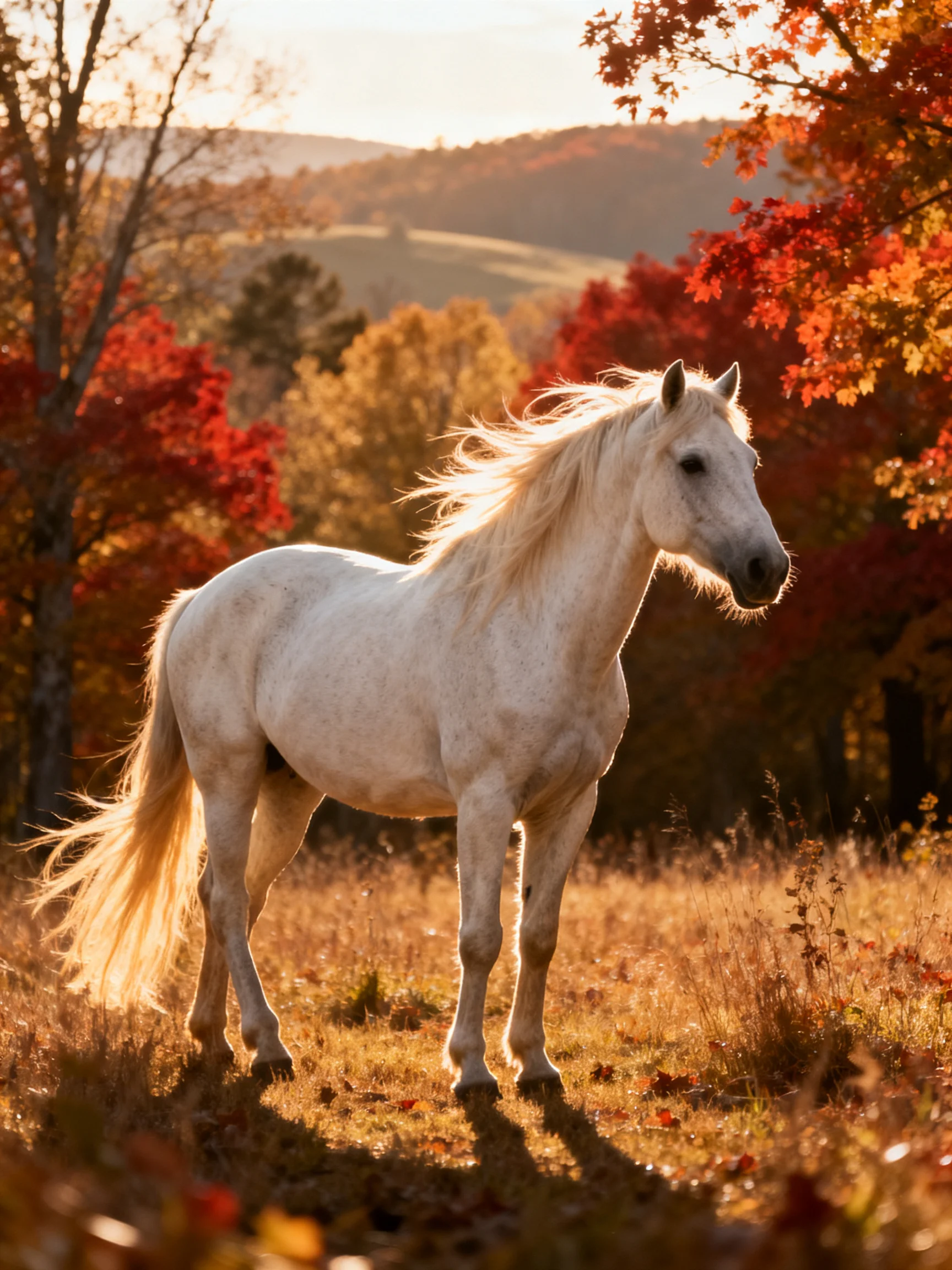 A white horse stands in an autumn meadow with vibrant fall trees