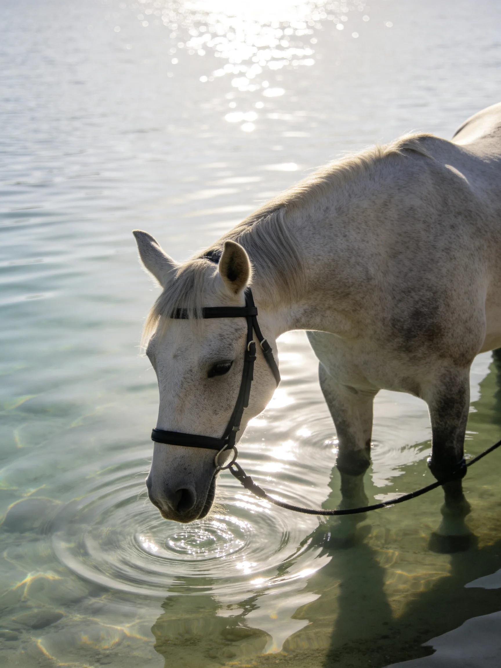 A white horse stands in shallow clear water near a bright shoreline