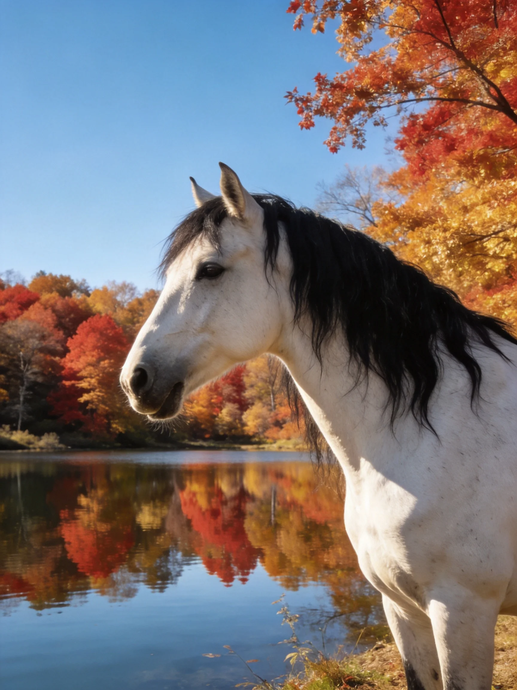 A white horse stands beside a calm lake reflecting colorful autumn trees.
