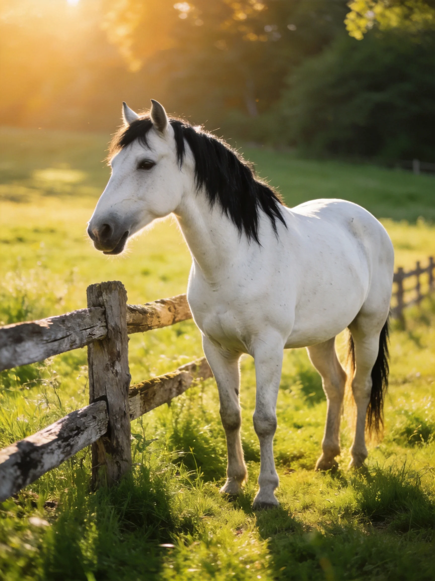 A white horse stands near a weathered wooden fence in a sunlit meadow