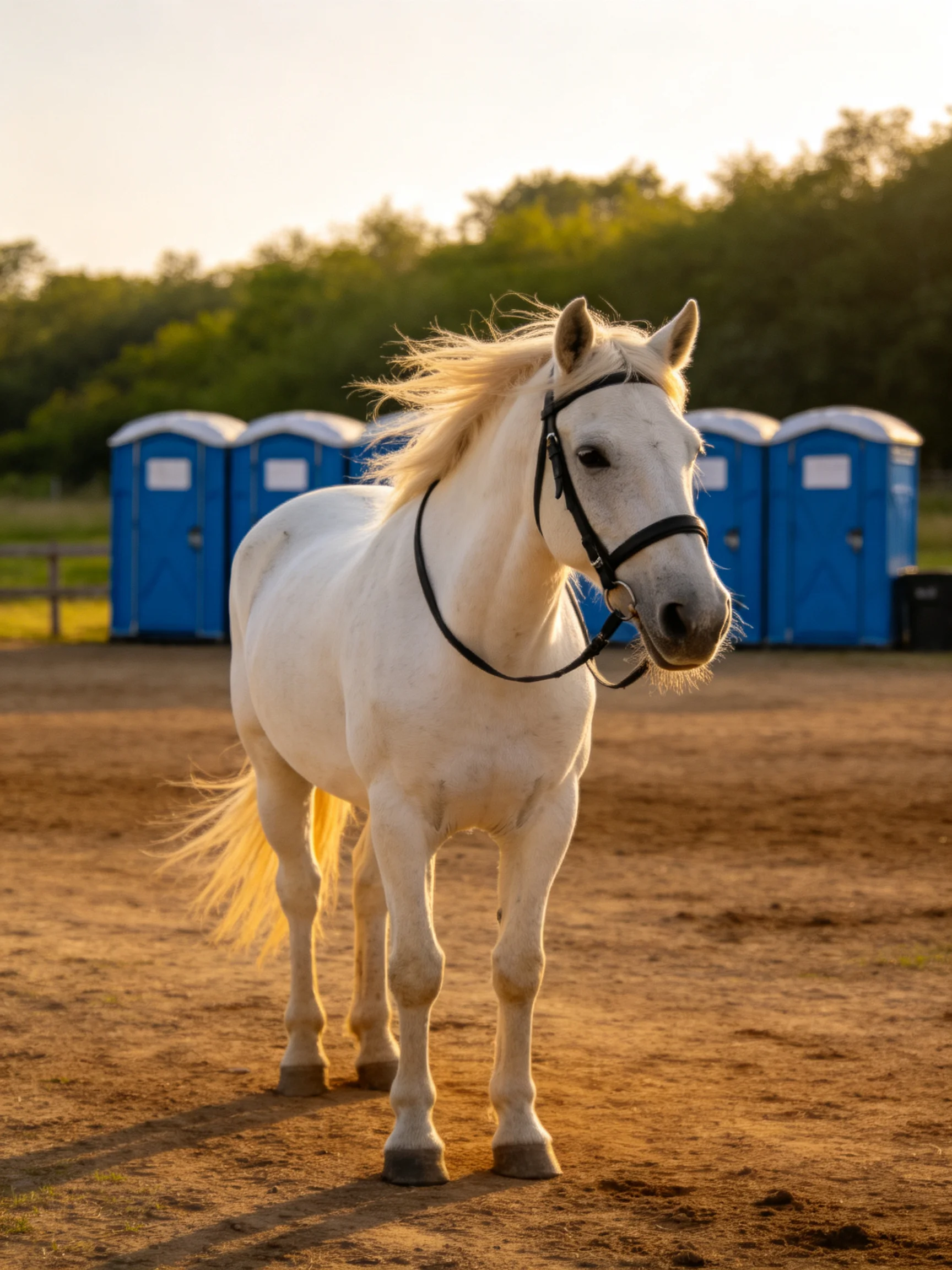 A white horse stands on a dusty field with blue portable toilets in the background.