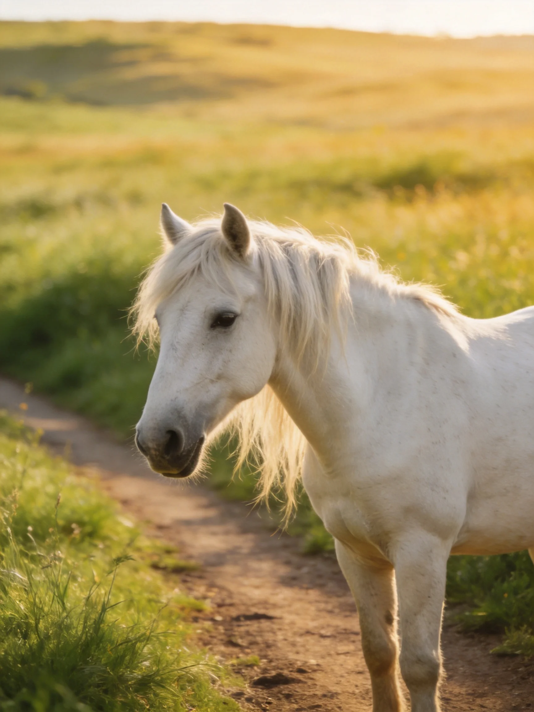 A white horse stands on a dirt path surrounded by sunlit grassy terrain.