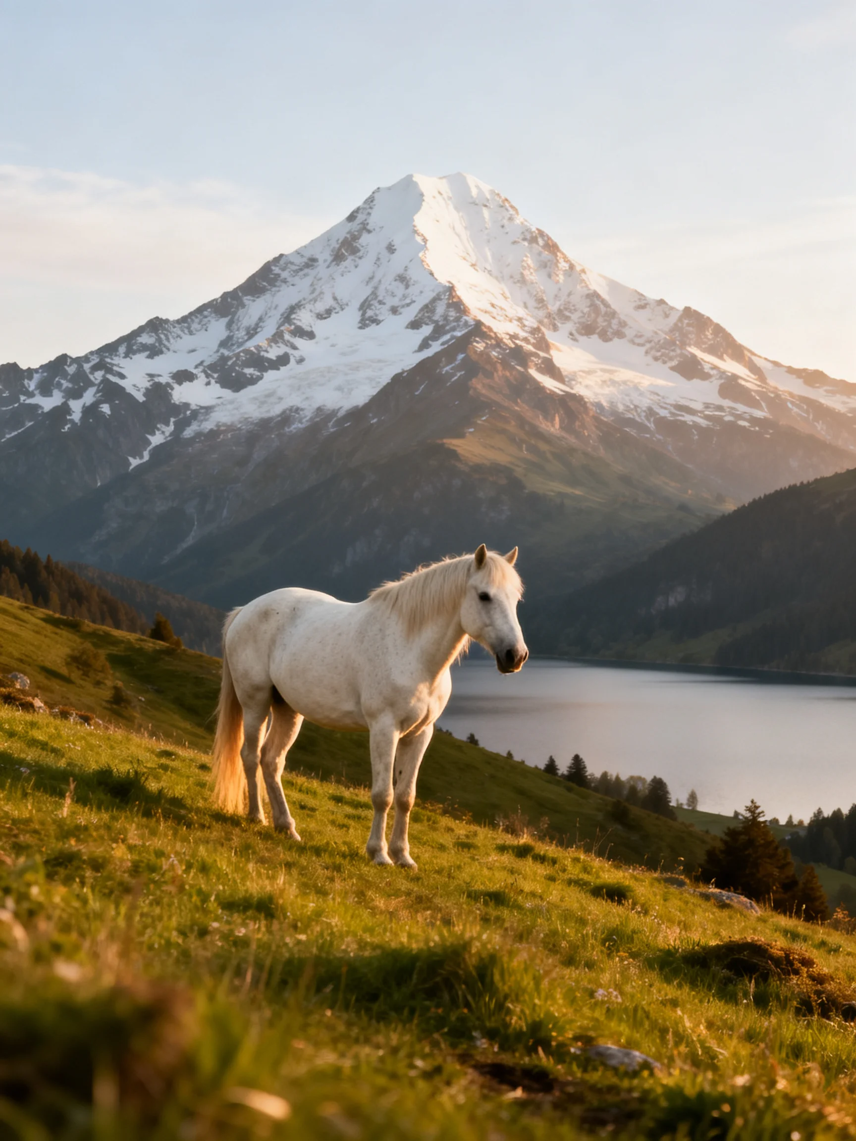 A white horse stands on a lush meadow near a snow - capped mountain and calm lake