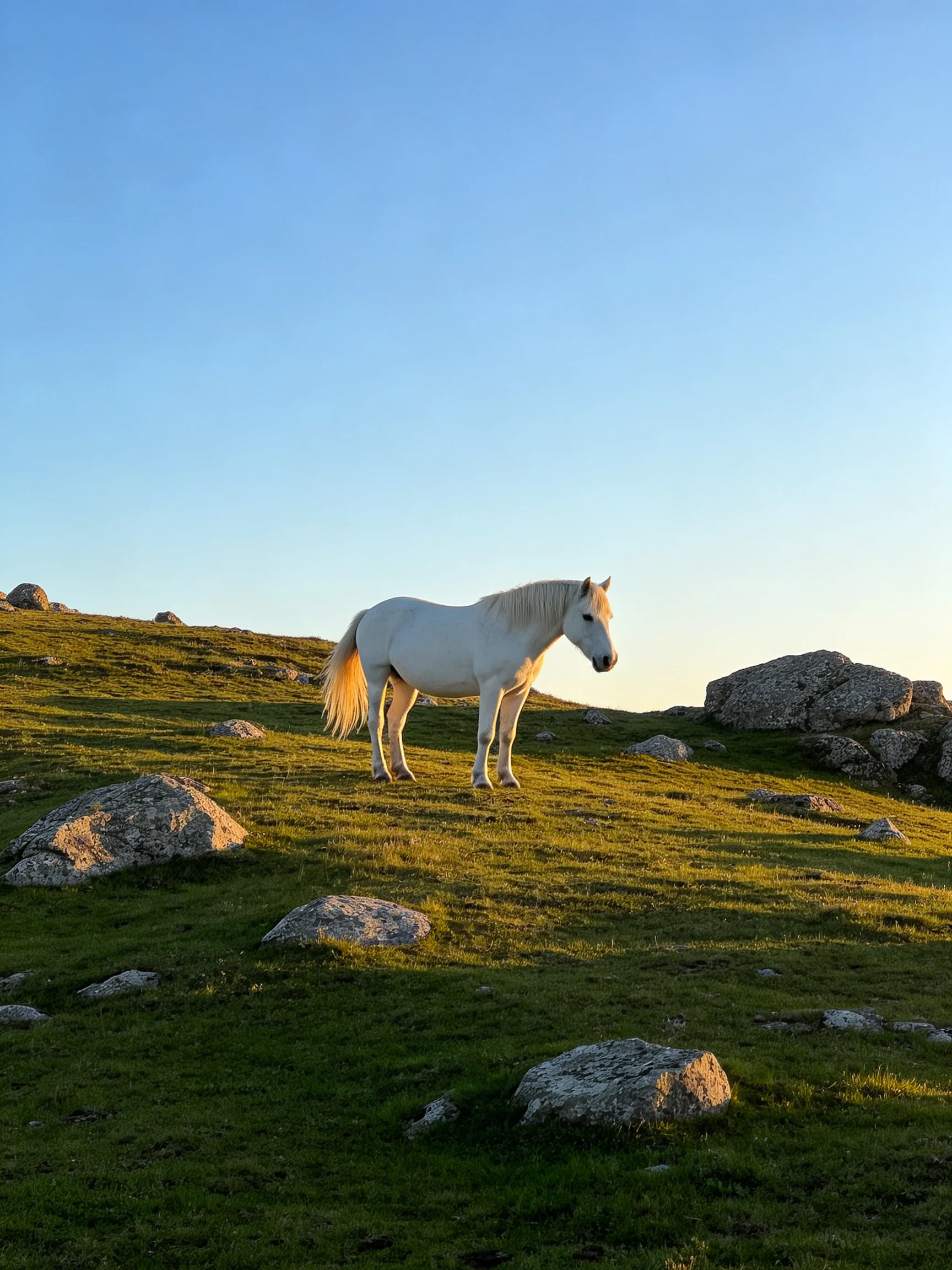 A white horse stands on a rocky green hillside under clear blue sky