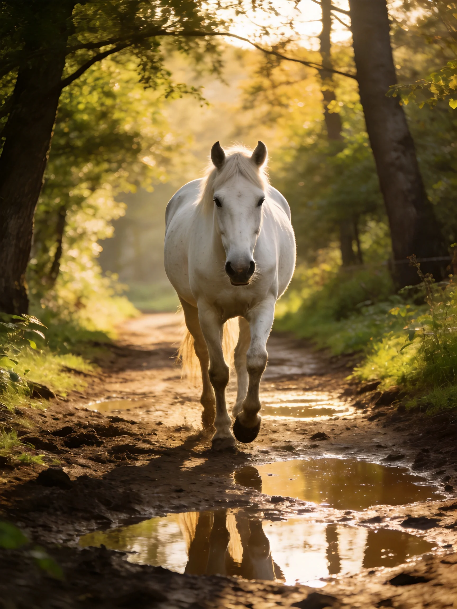A white horse strides along a sun-dappled forest trail with puddles