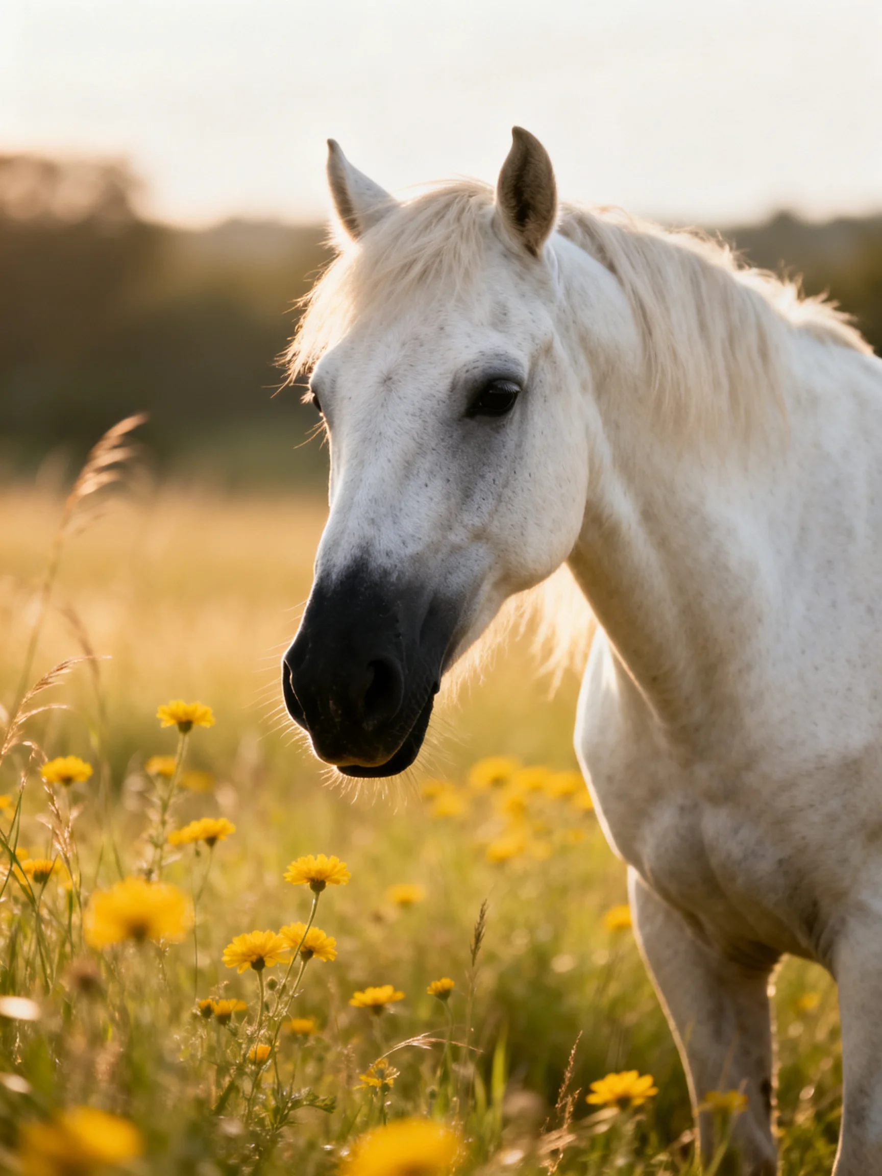 A white horse surrounded by yellow wildflowers in a sunlit meadow