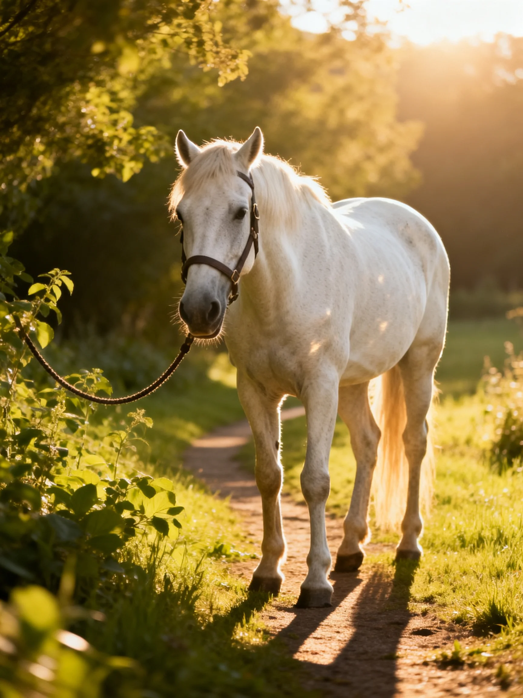 A white horse walks along a sunlit dirt path surrounded by lush greenery