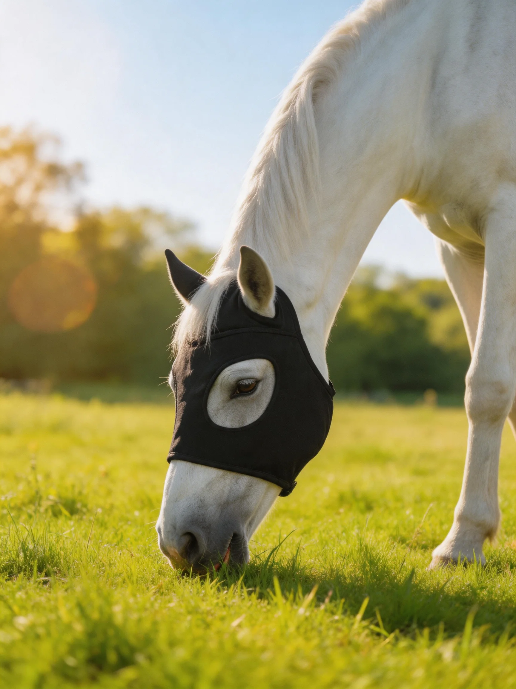 A white horse wearing a black eye mask in a sunny pasture