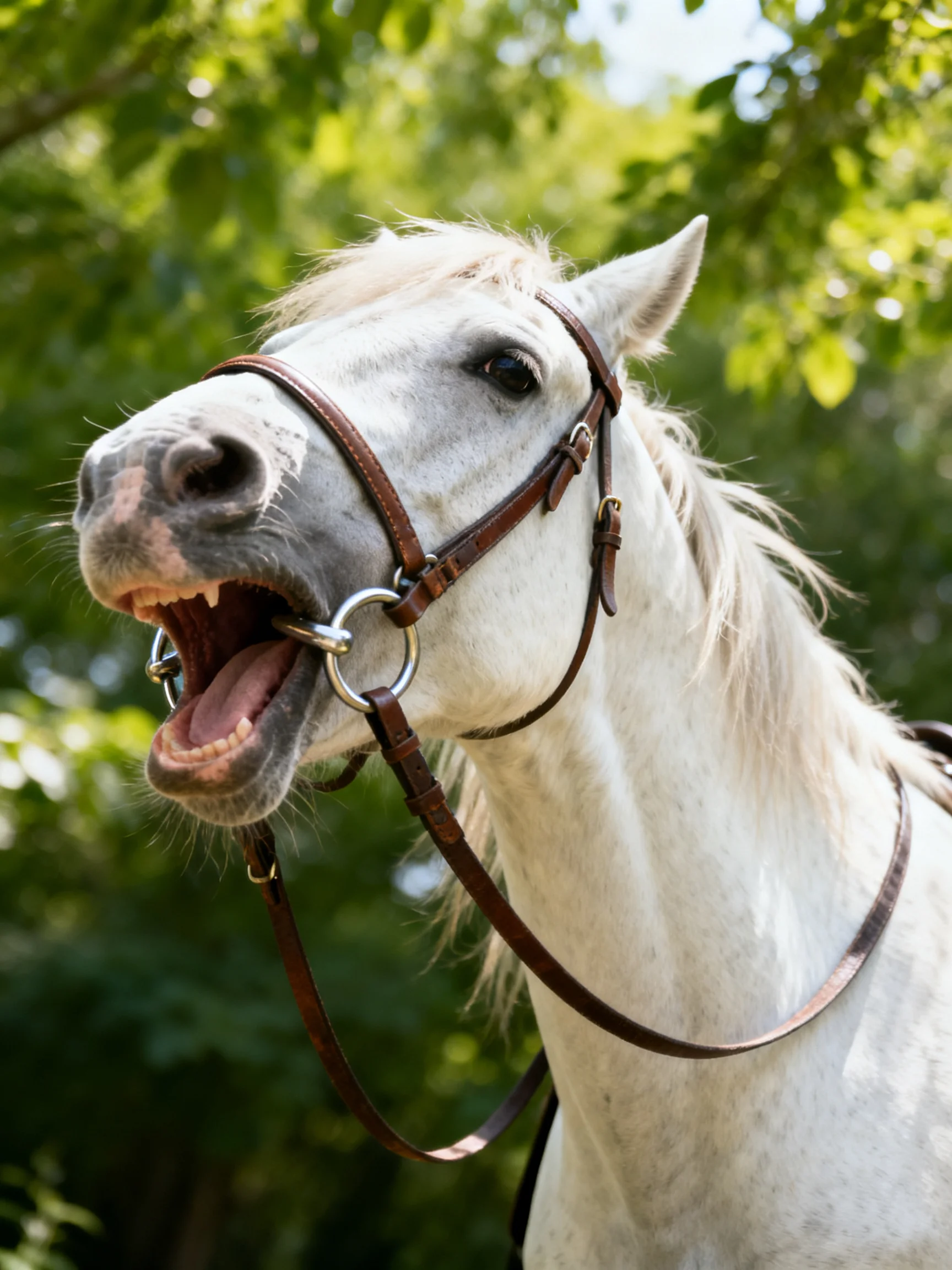 A white horse wearing a brown bridle in a sunlit forest area