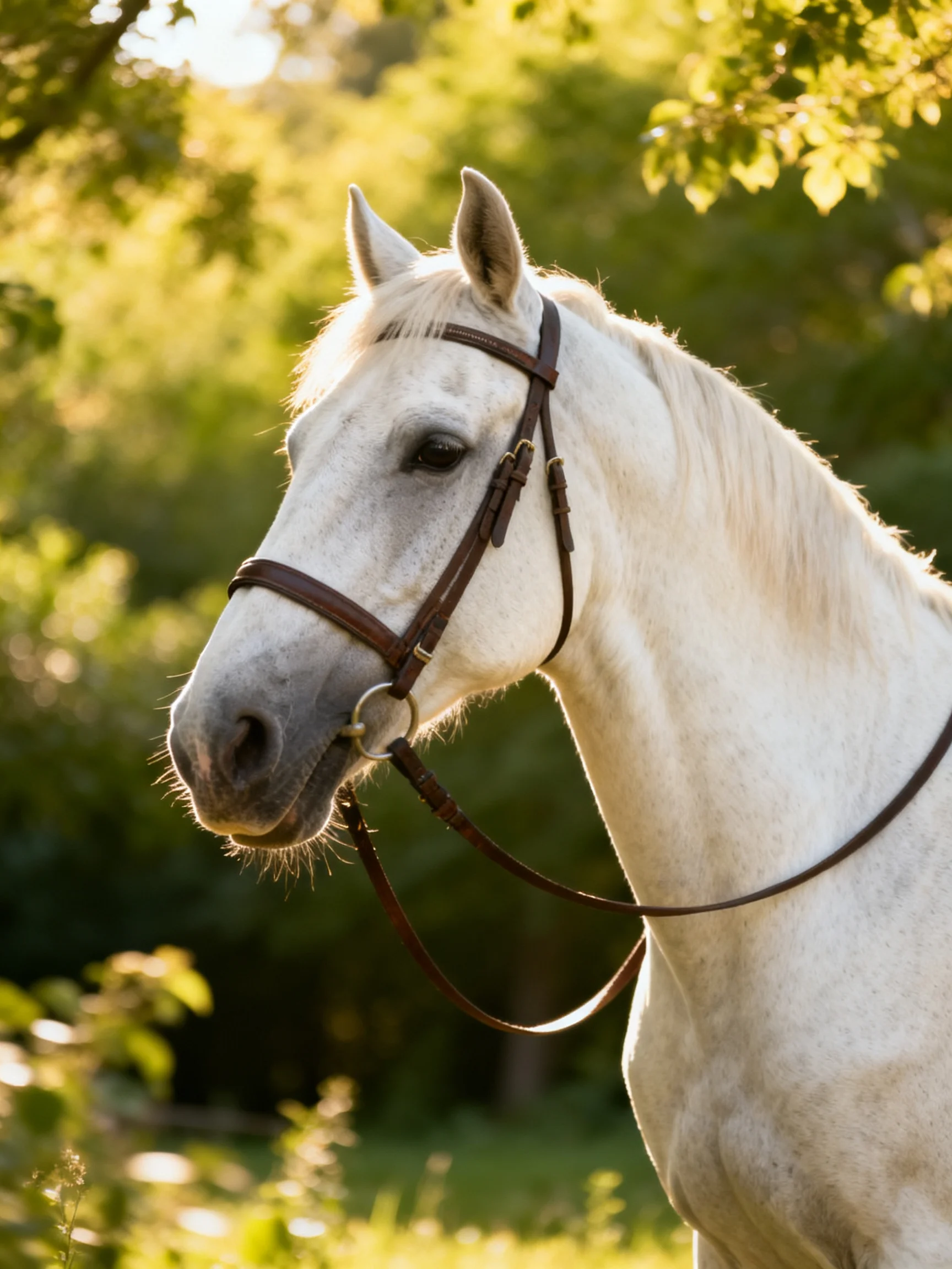 A white horse wearing a brown bridle in a sunlit forest clearing